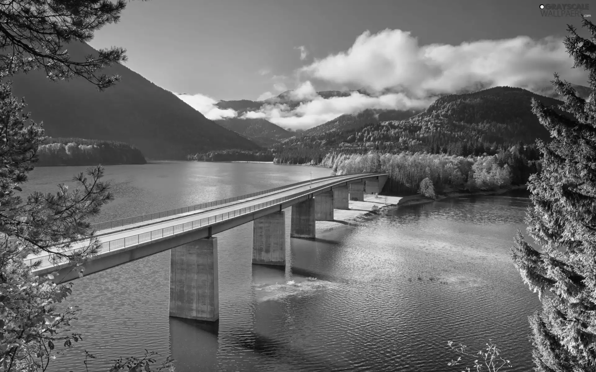 Mountains, lake, Germany, autumn, woods, bridge