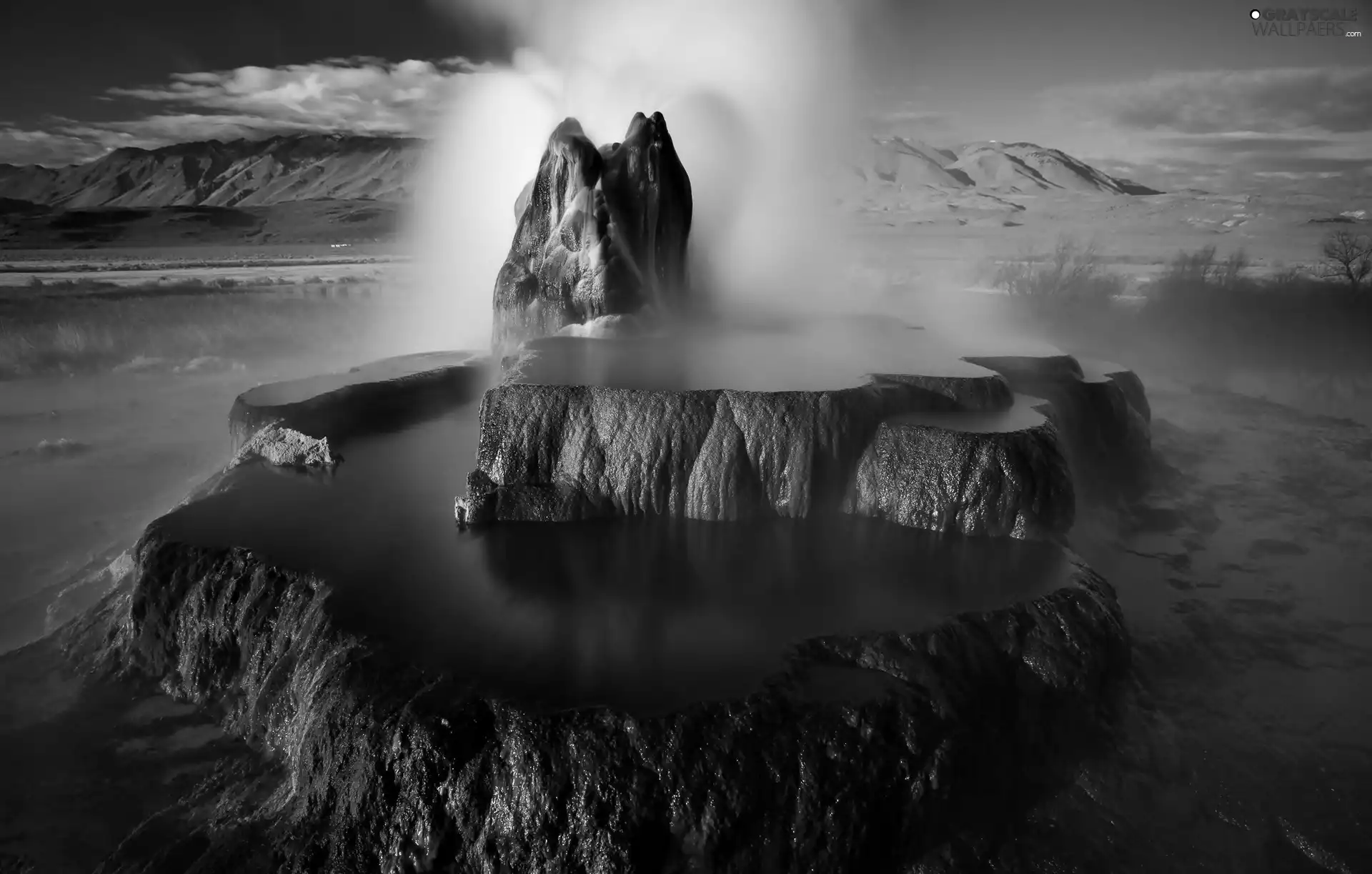 geyser, dawn, rocks, water, Mountains