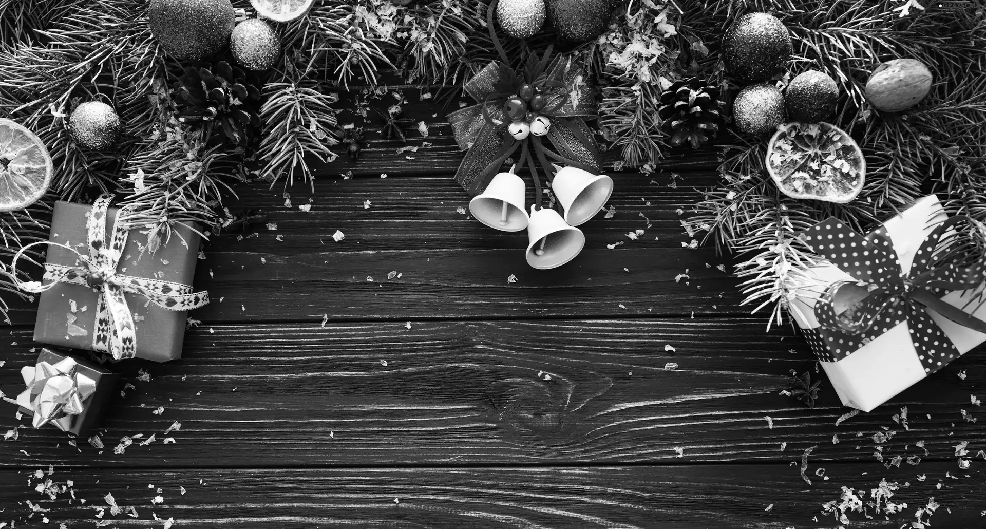 Christmas, composition, gifts, bells, baubles, Christmas