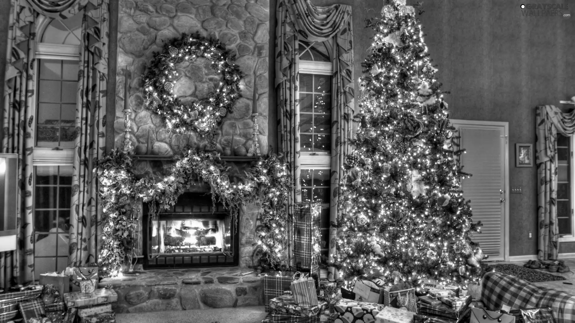 saloon, christmas tree, gifts, burner chimney