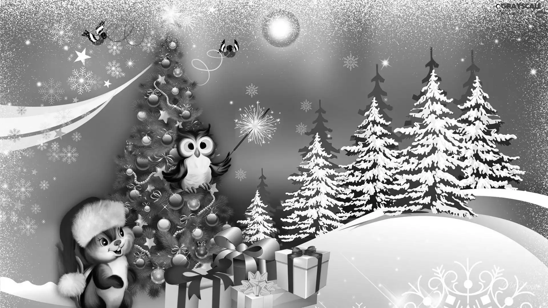 gifts, snow, Christmas, owl, christmas tree