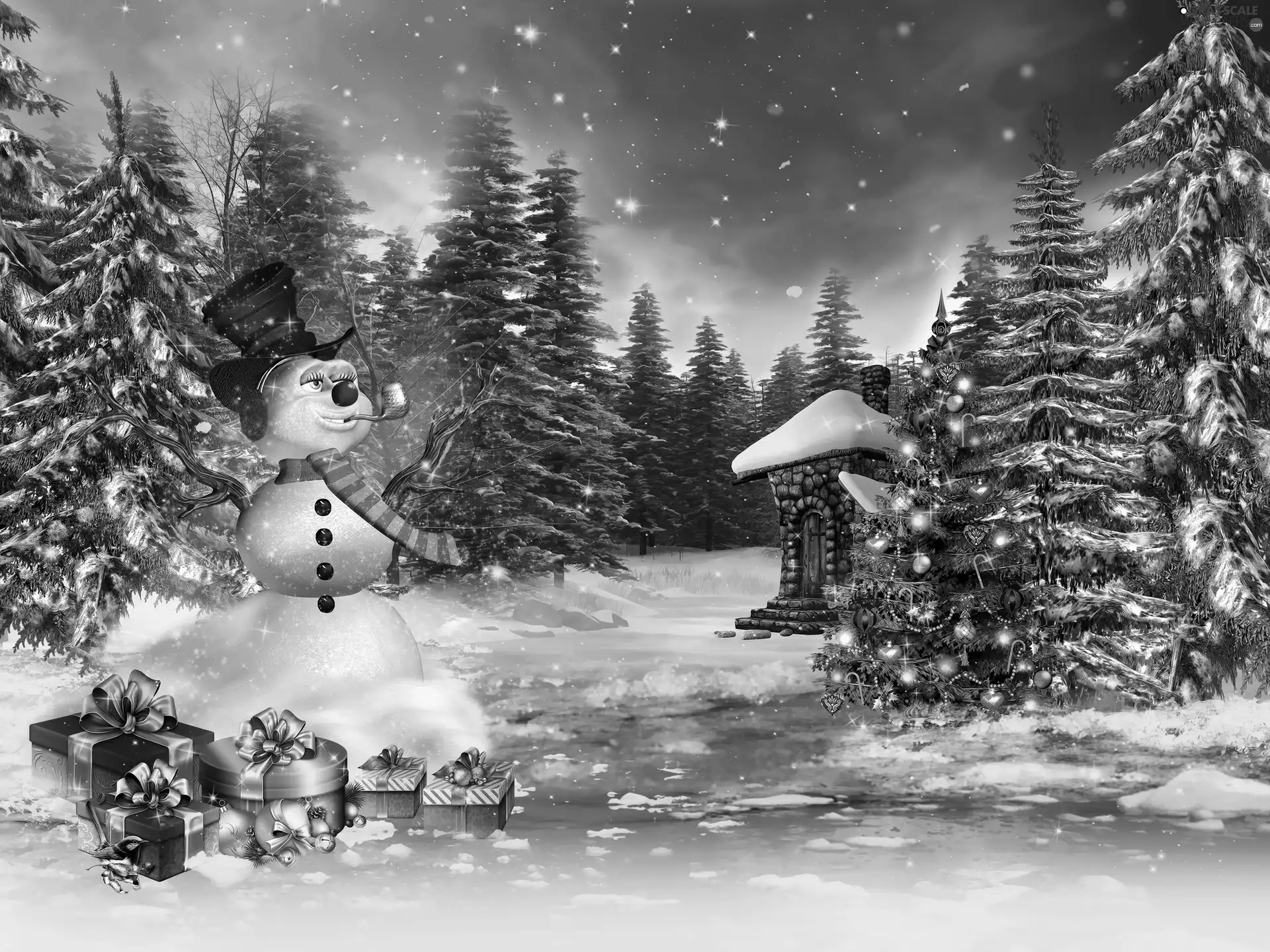 Snowman, christmas tree, gifts, Home