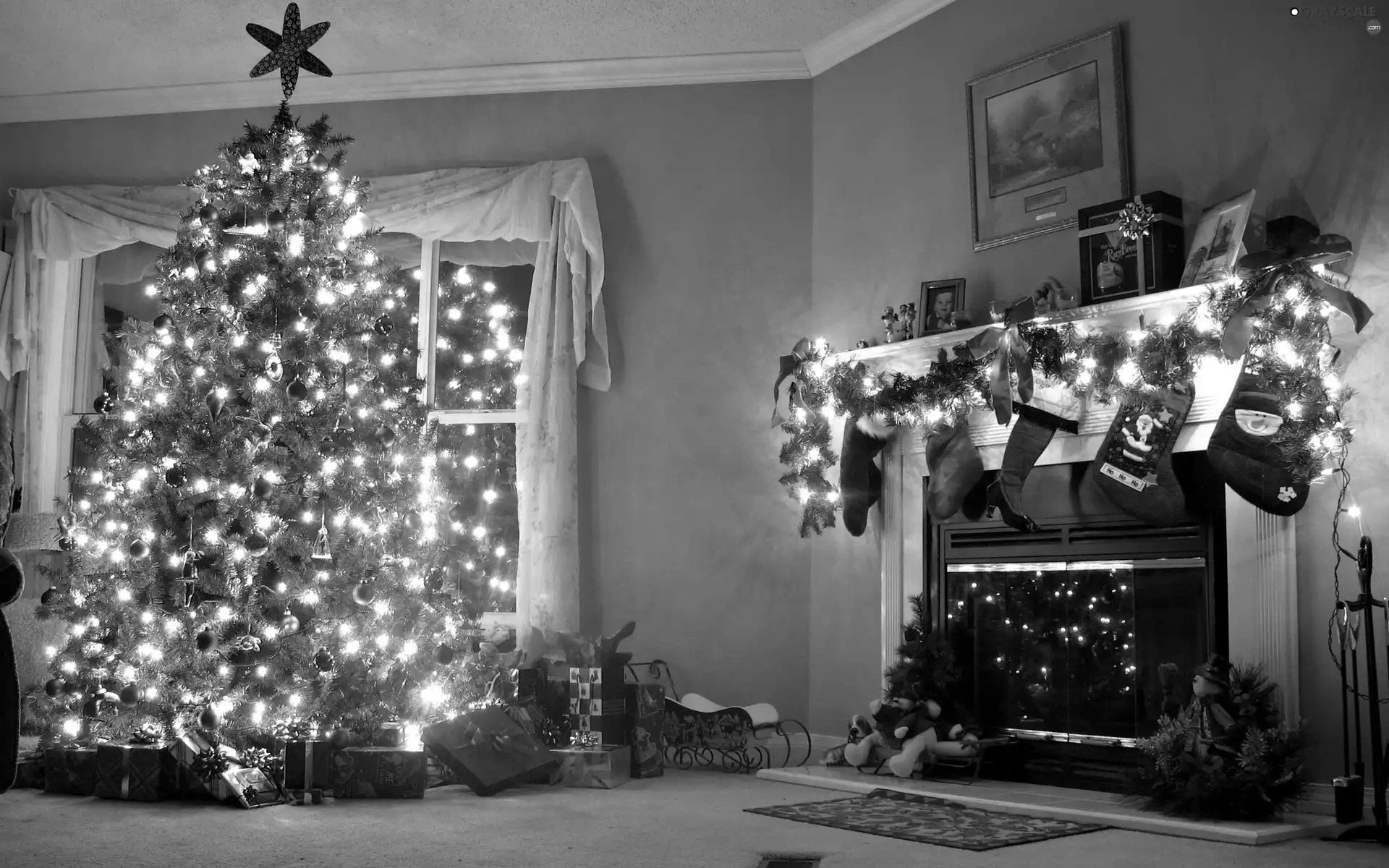 socks, Lights, burner chimney, gifts, christmas tree