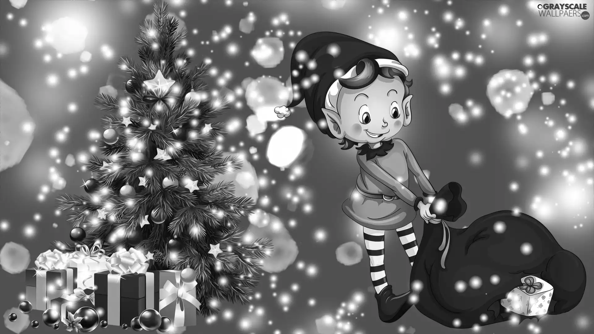 bag, graphics, gnome, gifts, christmas tree