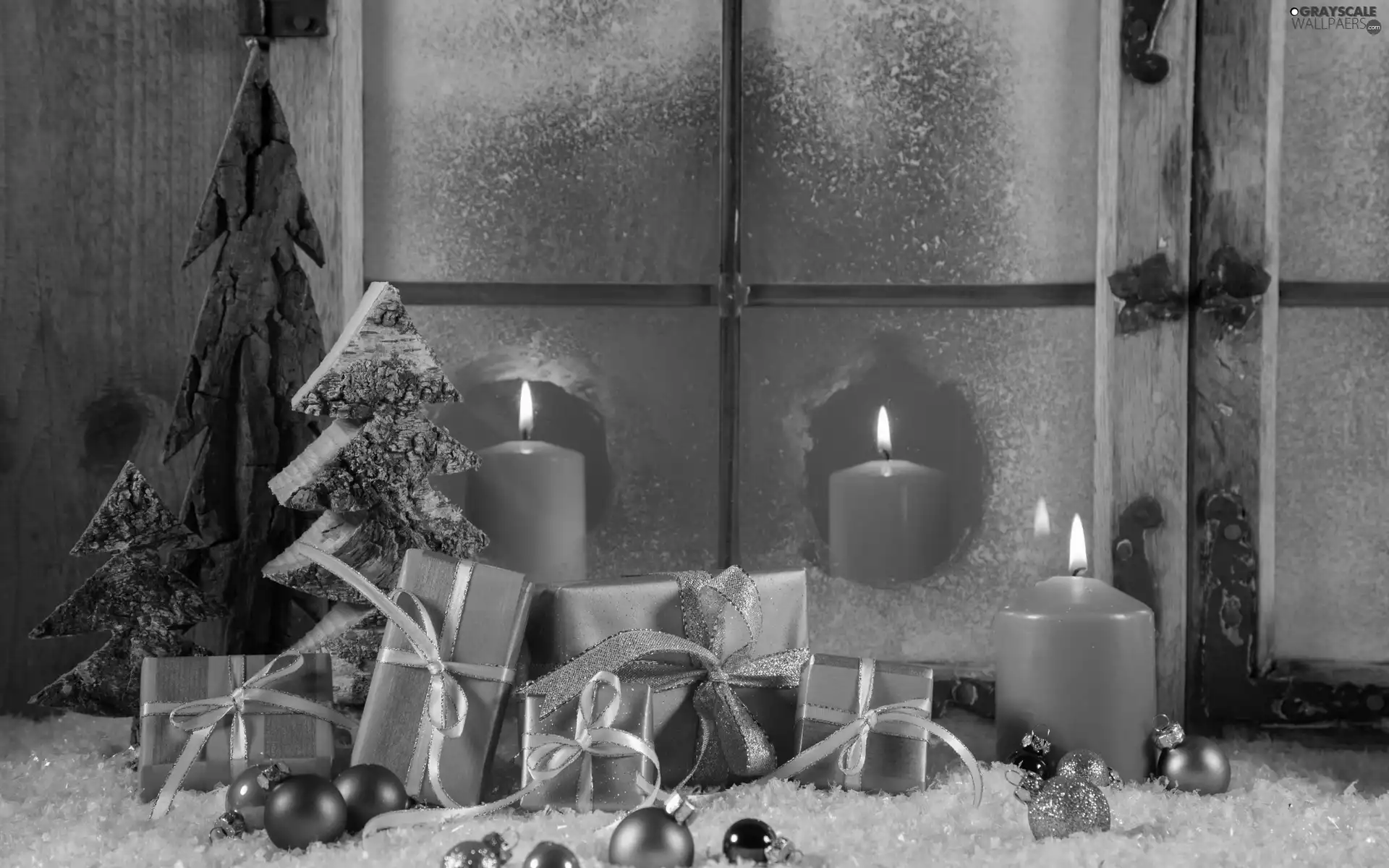 candles, Christmas, gifts, green ones, composition, baubles, Window