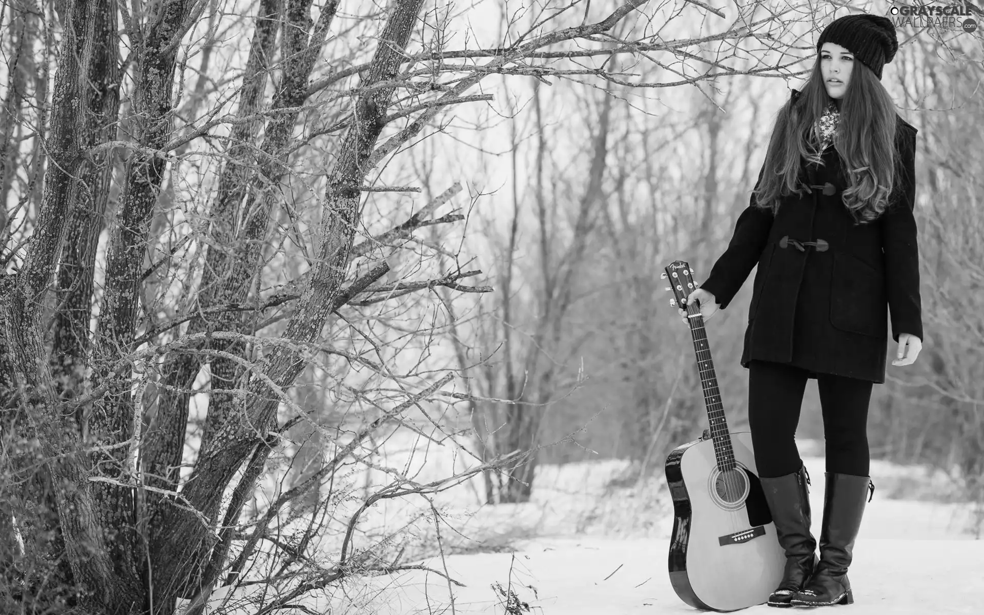 girl, Guitar, forest, snow, winter