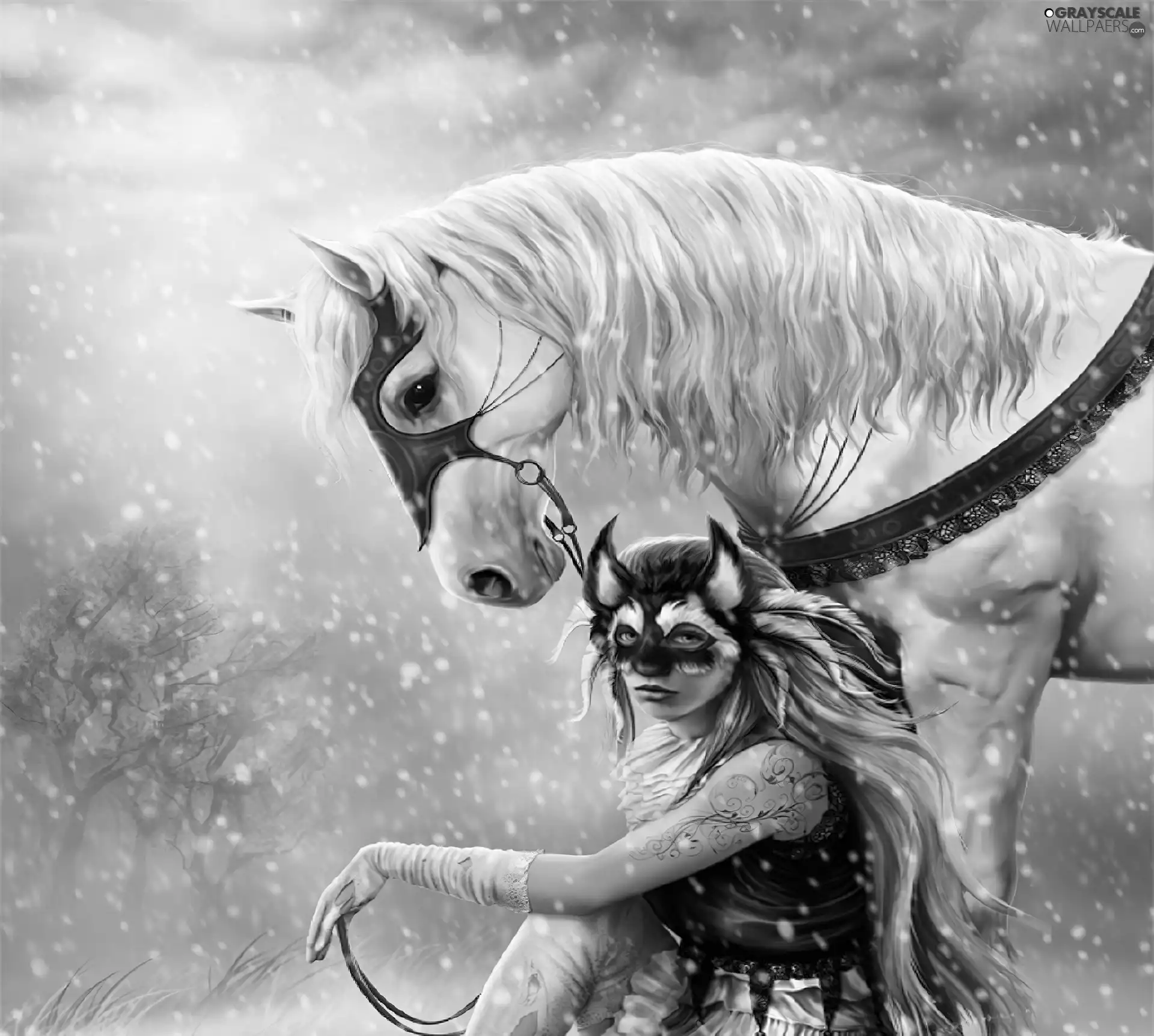 Horse, Mask, snow, girl
