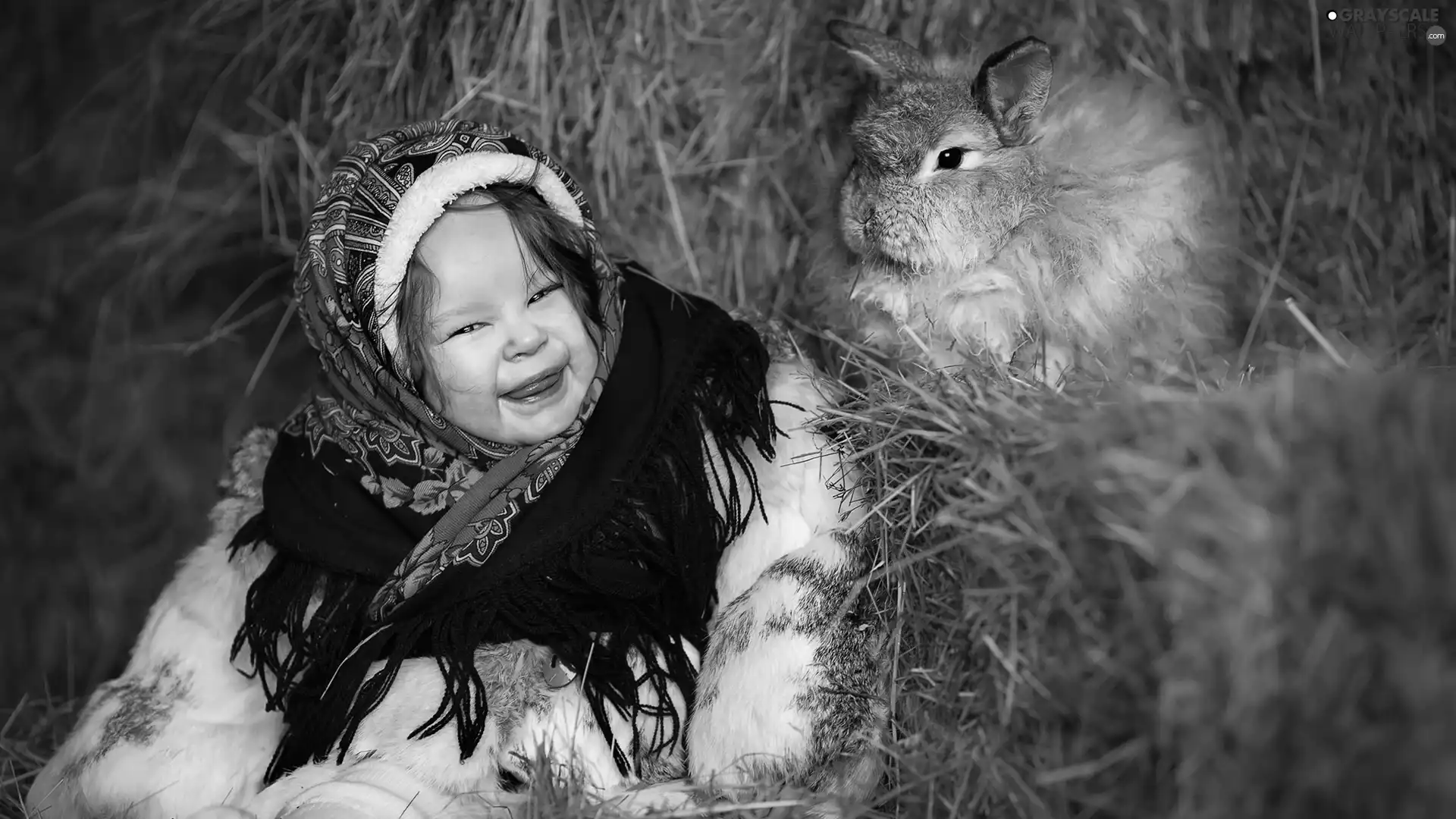 Kid, Rabbit, Hay, girl