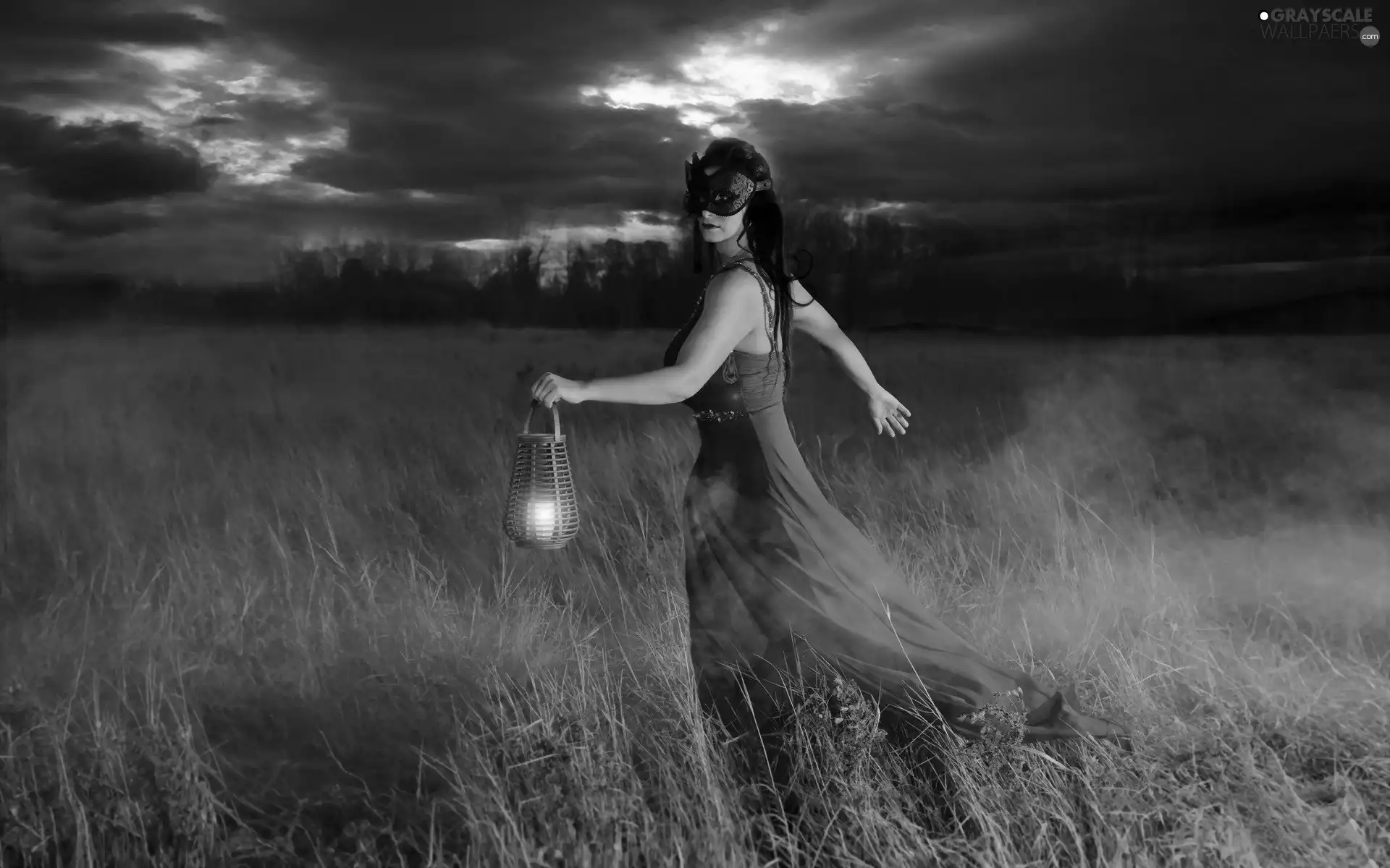 girl, Lamp, Meadow, Fog, Night