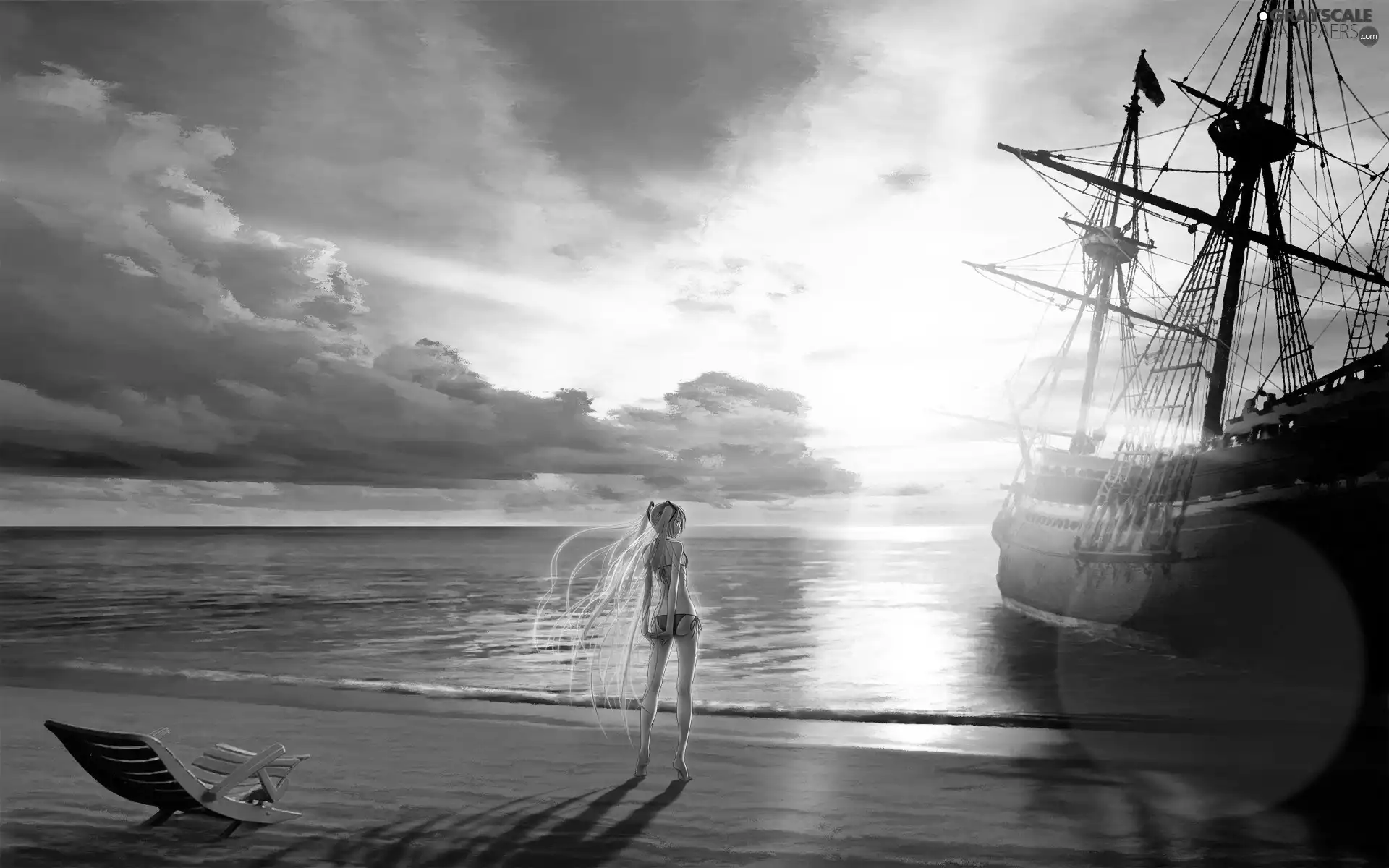 girl, Ship, west, sun, sea