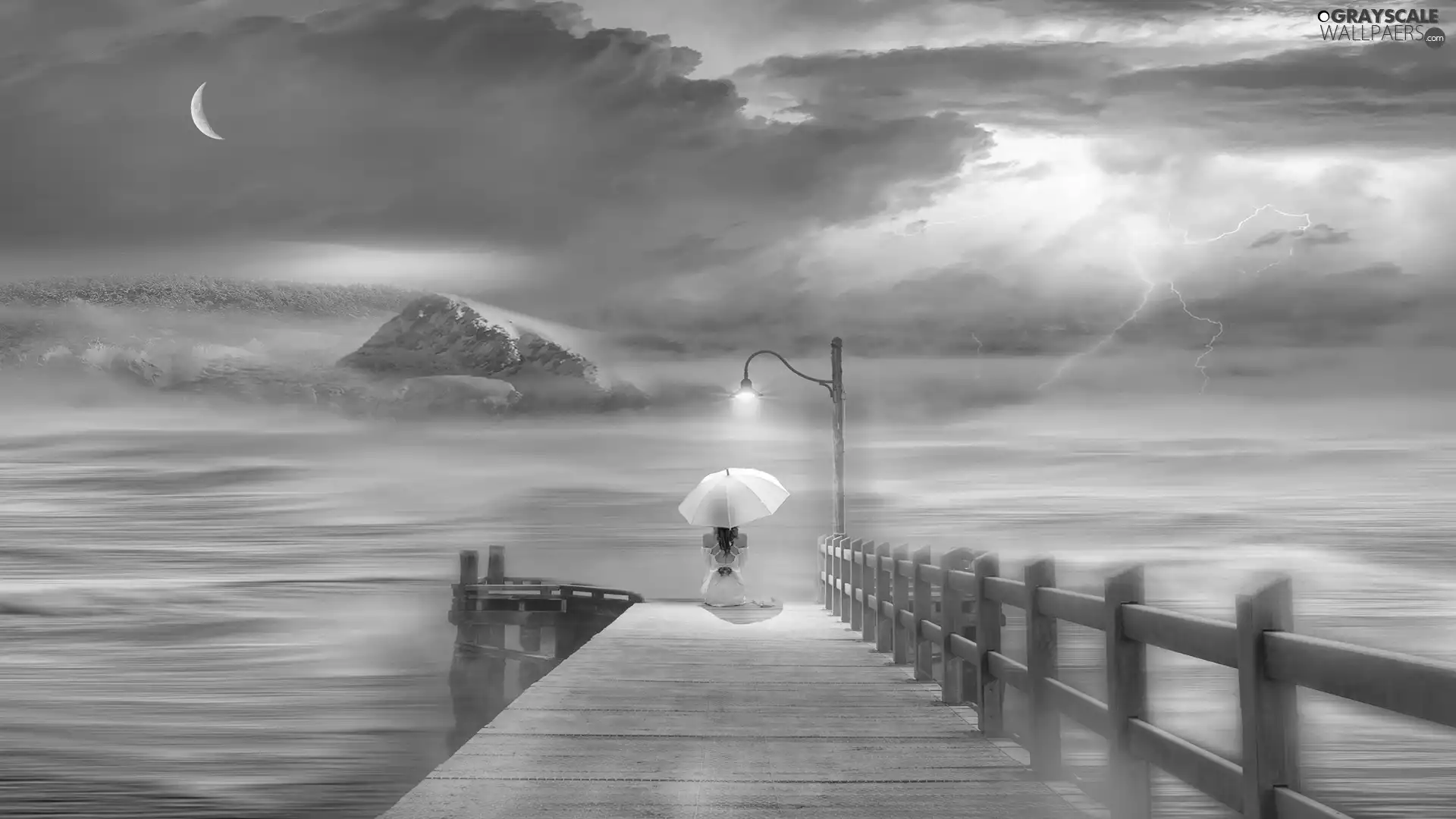girl, lake, moon, Lighthouse, thunderbolt, Mountains, Platform, graphics, umbrella, clouds