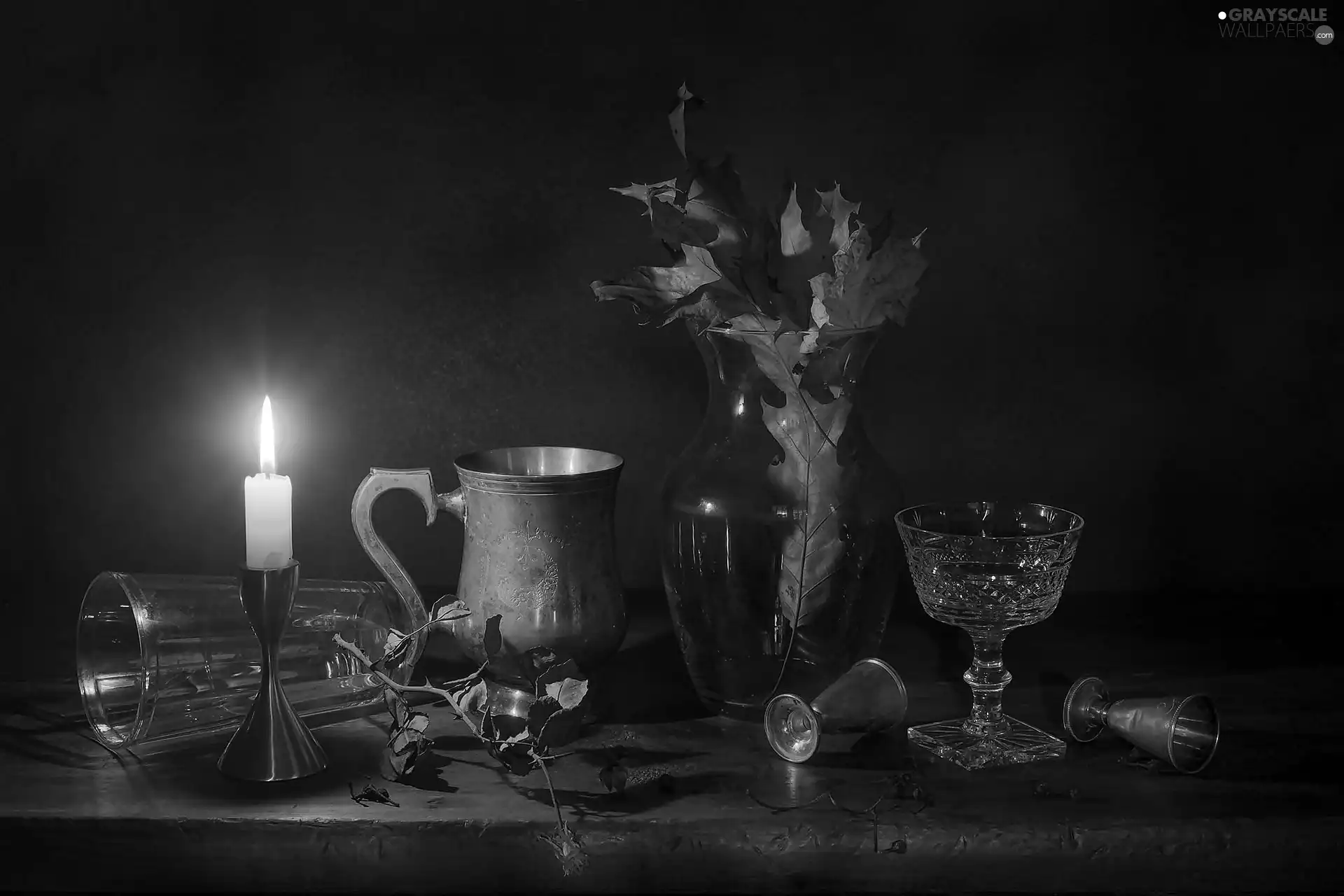 glass, leaf, candle, mug, composition
