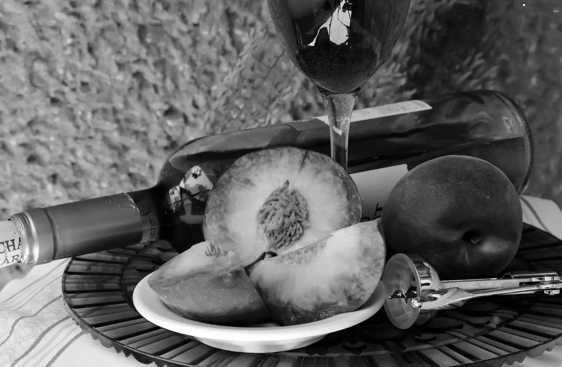 peaches, Bottle, glass, Wine