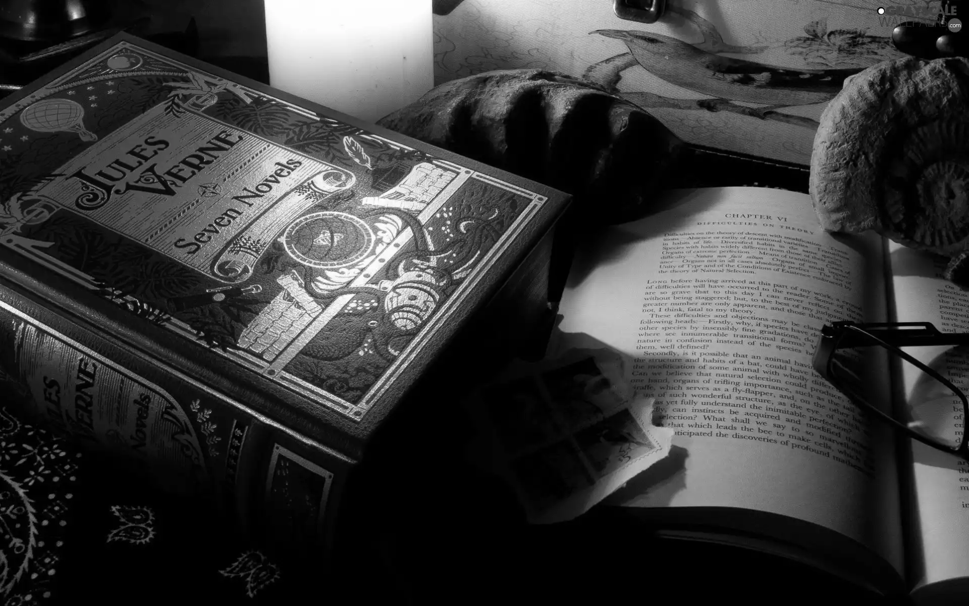 Books, stamps, shell, Glasses