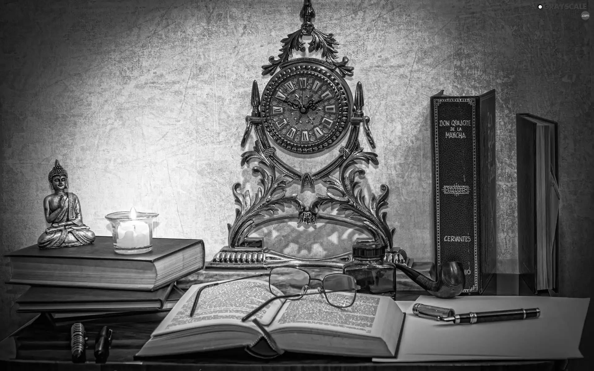 Books, composition, pen, candle, Glasses, Clock