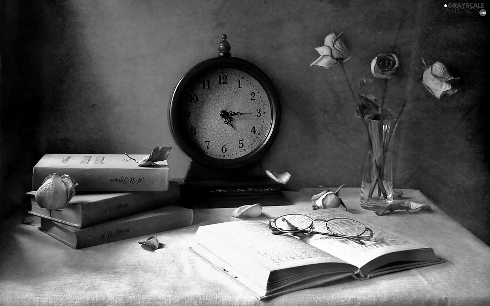 Clock, Books, Glasses, roses