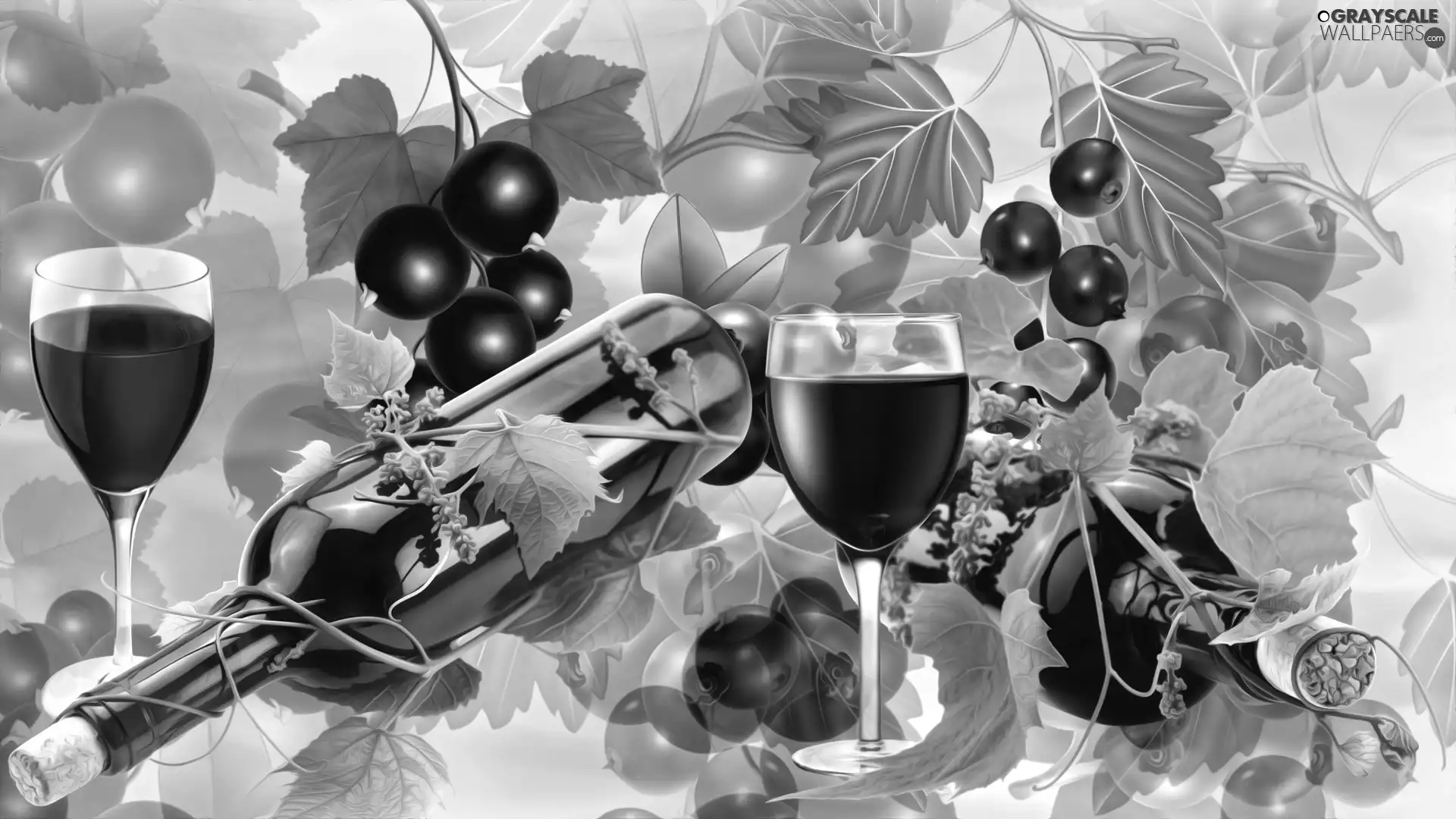 Leaf, Wine, composition, glasses, Bottle, currants, 2D