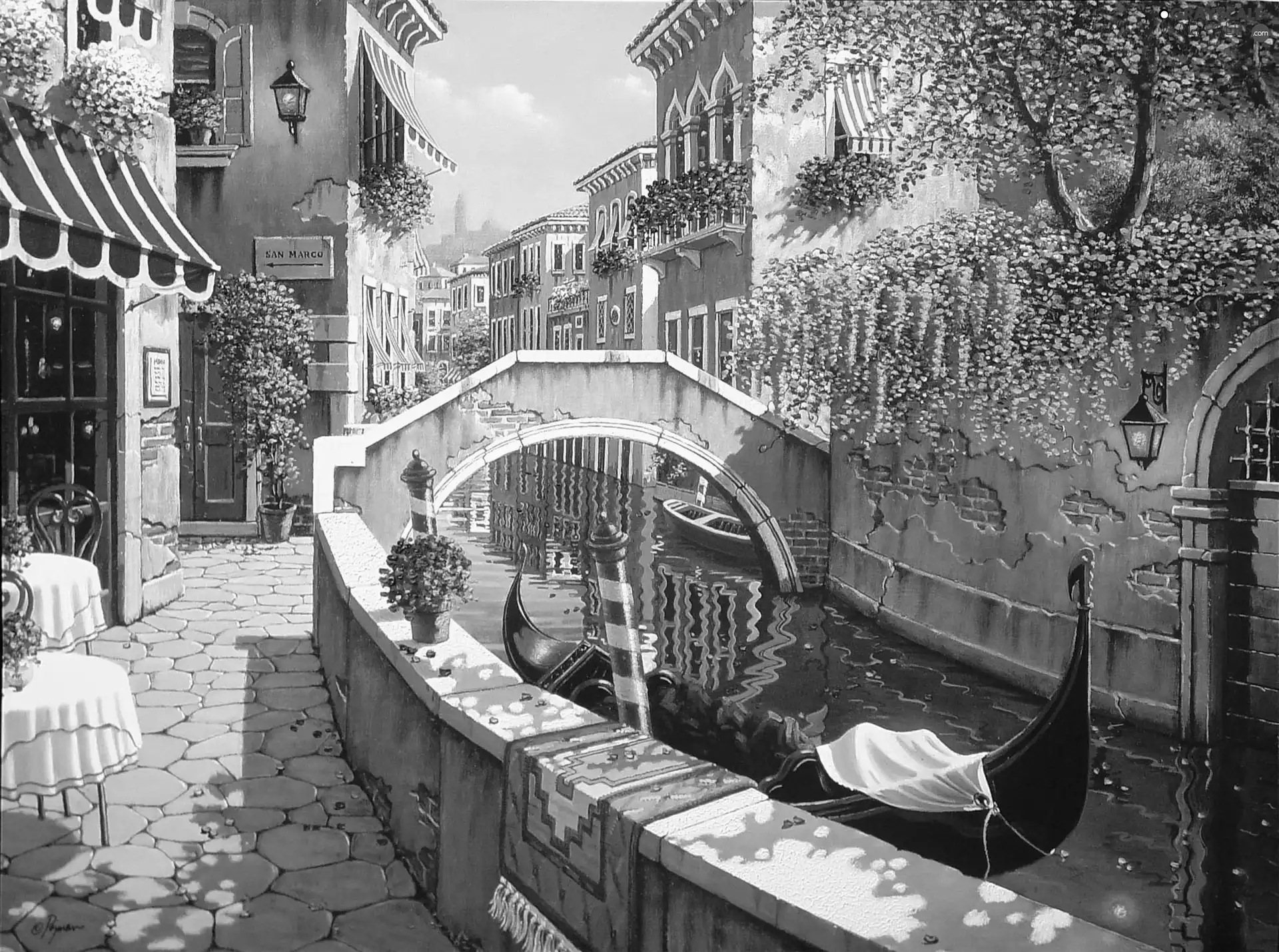 Houses, canal, gondola, bridge