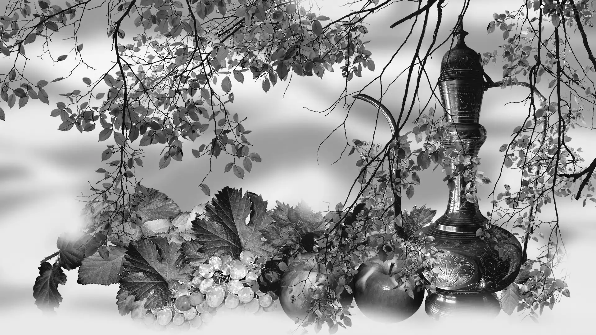Leaf, apples, 2D, Grapes, jug, Twigs, composition