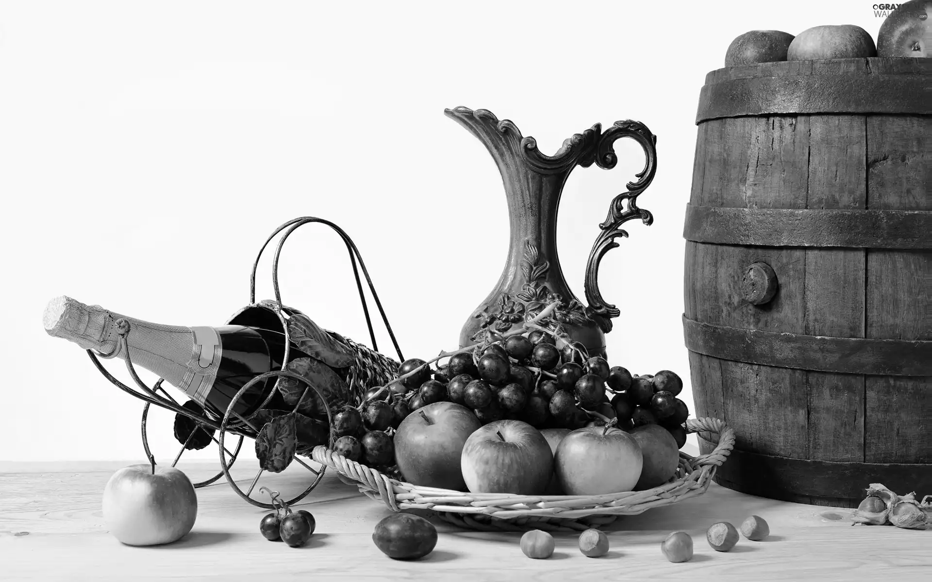Grapes, apples, Bottle, Wines, barrel