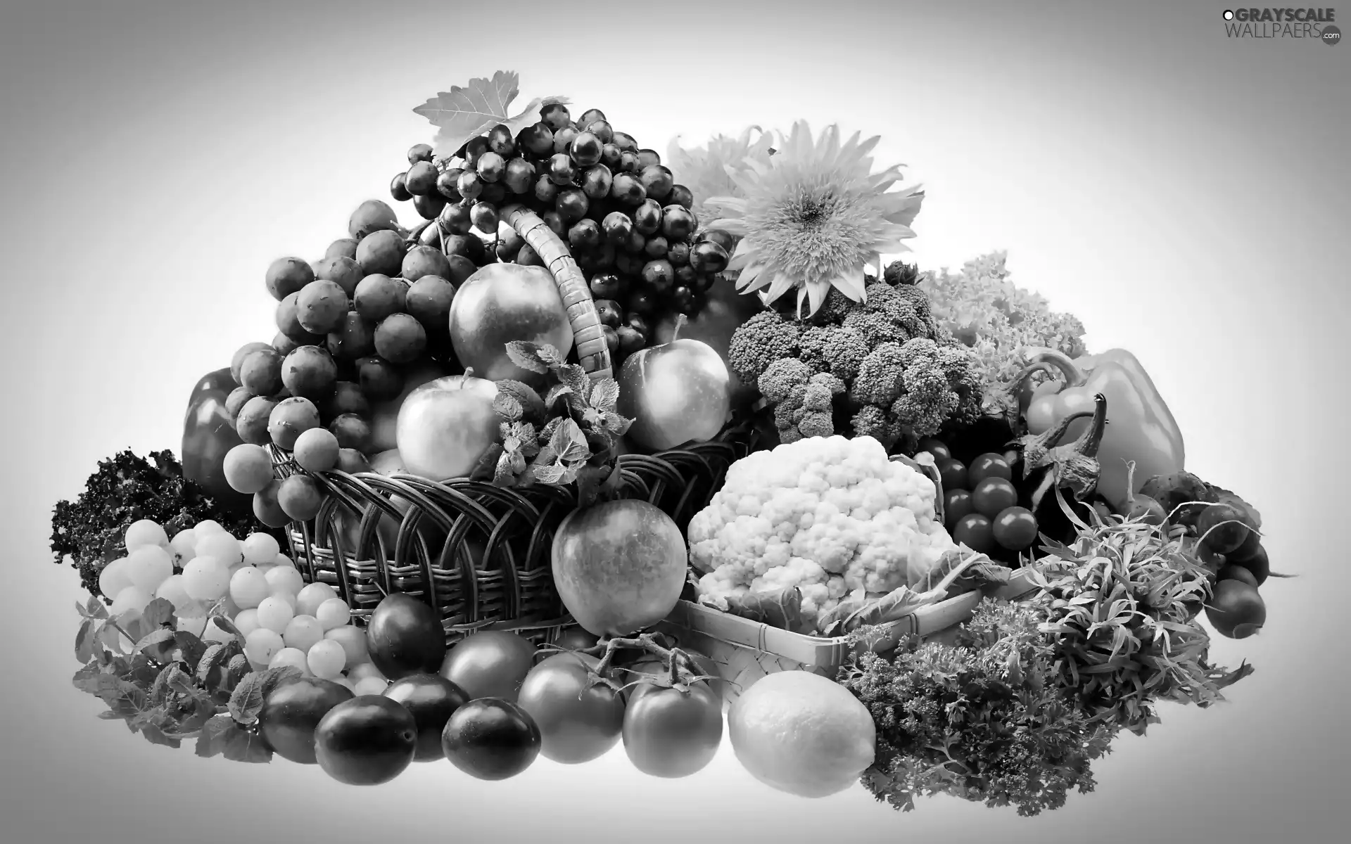 Flowers, Fruits, Grapes, plums, apples, vegetables
