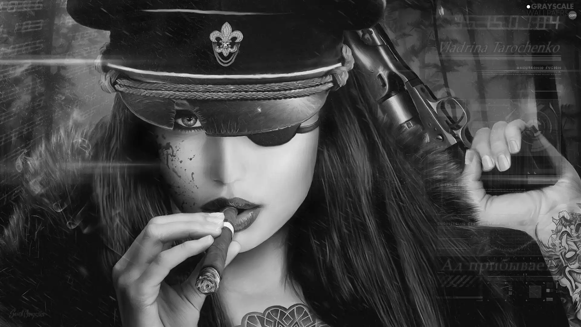 cigar, graphics, Hat, Gun, girl