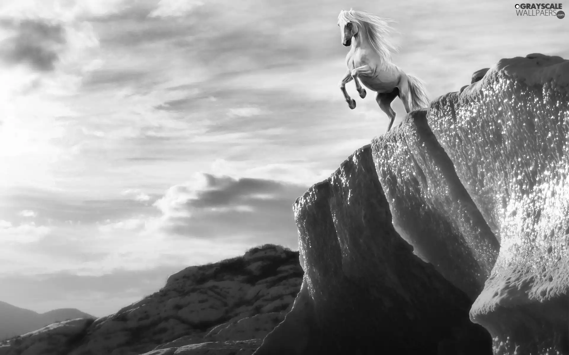 Horse, clouds, graphics, Mountains