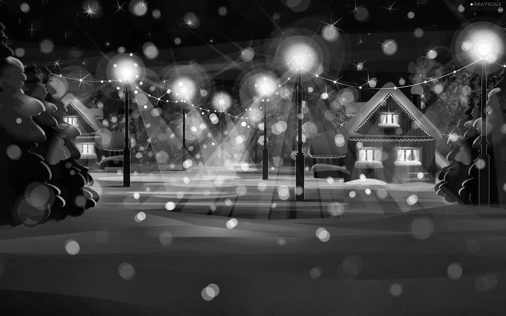 illuminated, winter, graphics, Houses