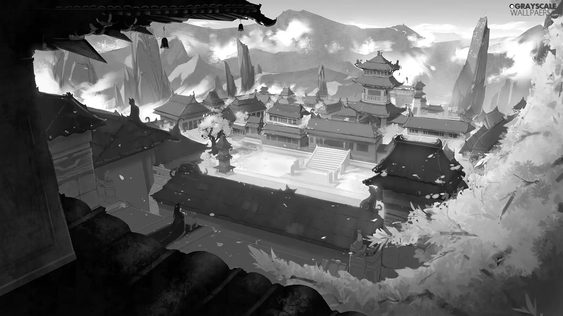 graphics, temple, Mountains