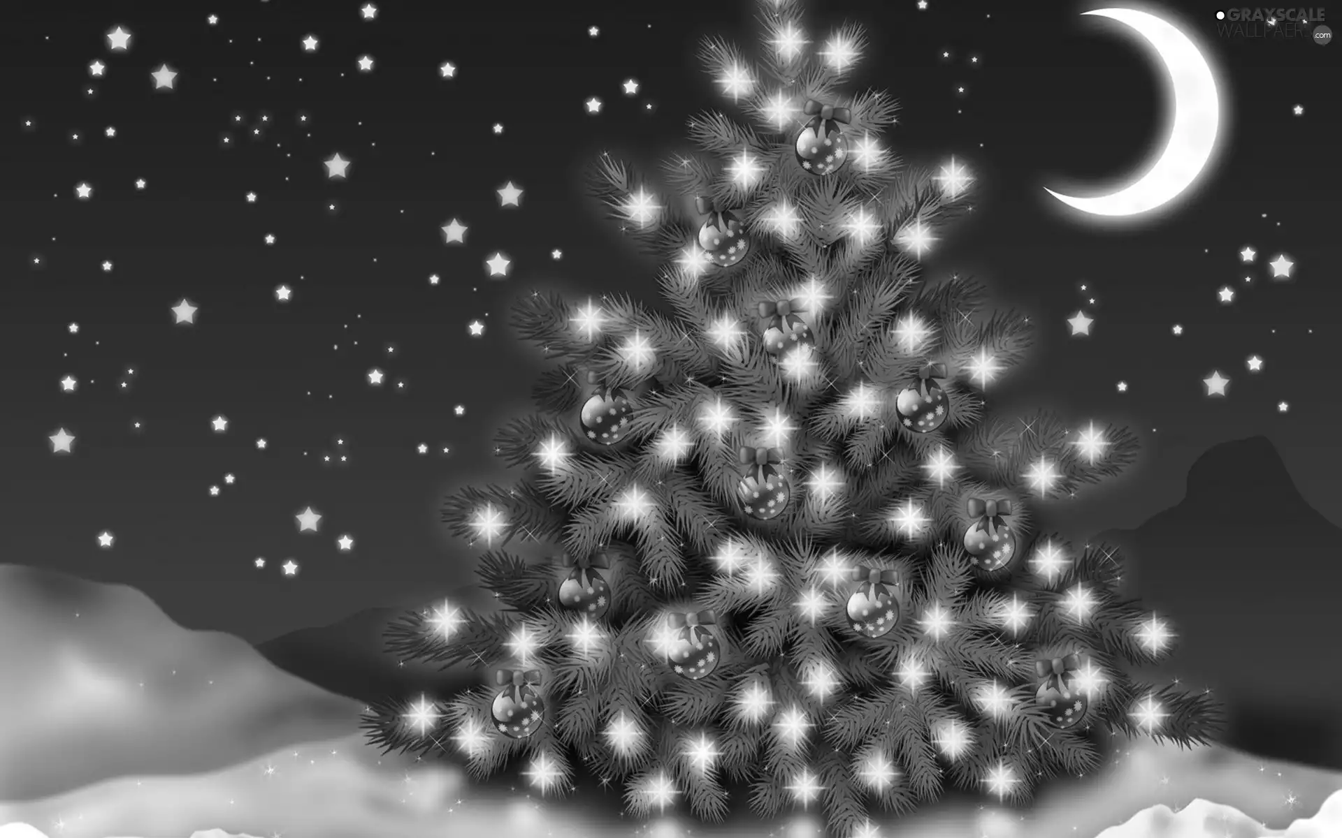 christmas tree, Stars, graphics, moon