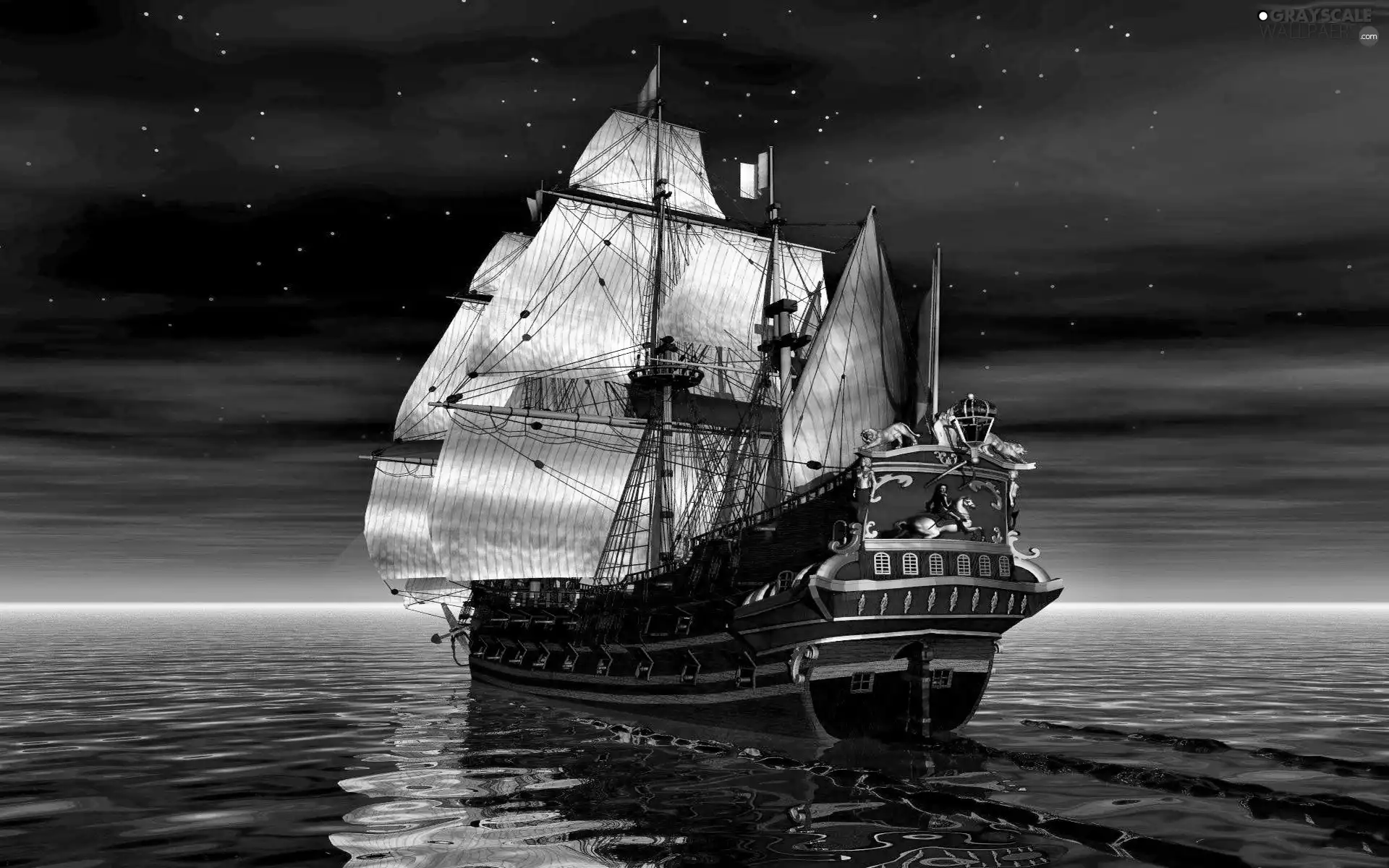 sailing vessel, Night, graphics, sea