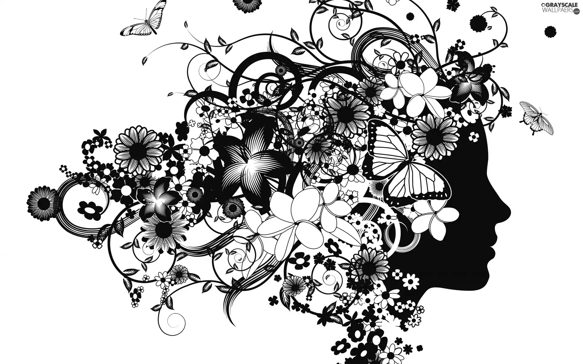 Women, Flowers, graphics, butterflies