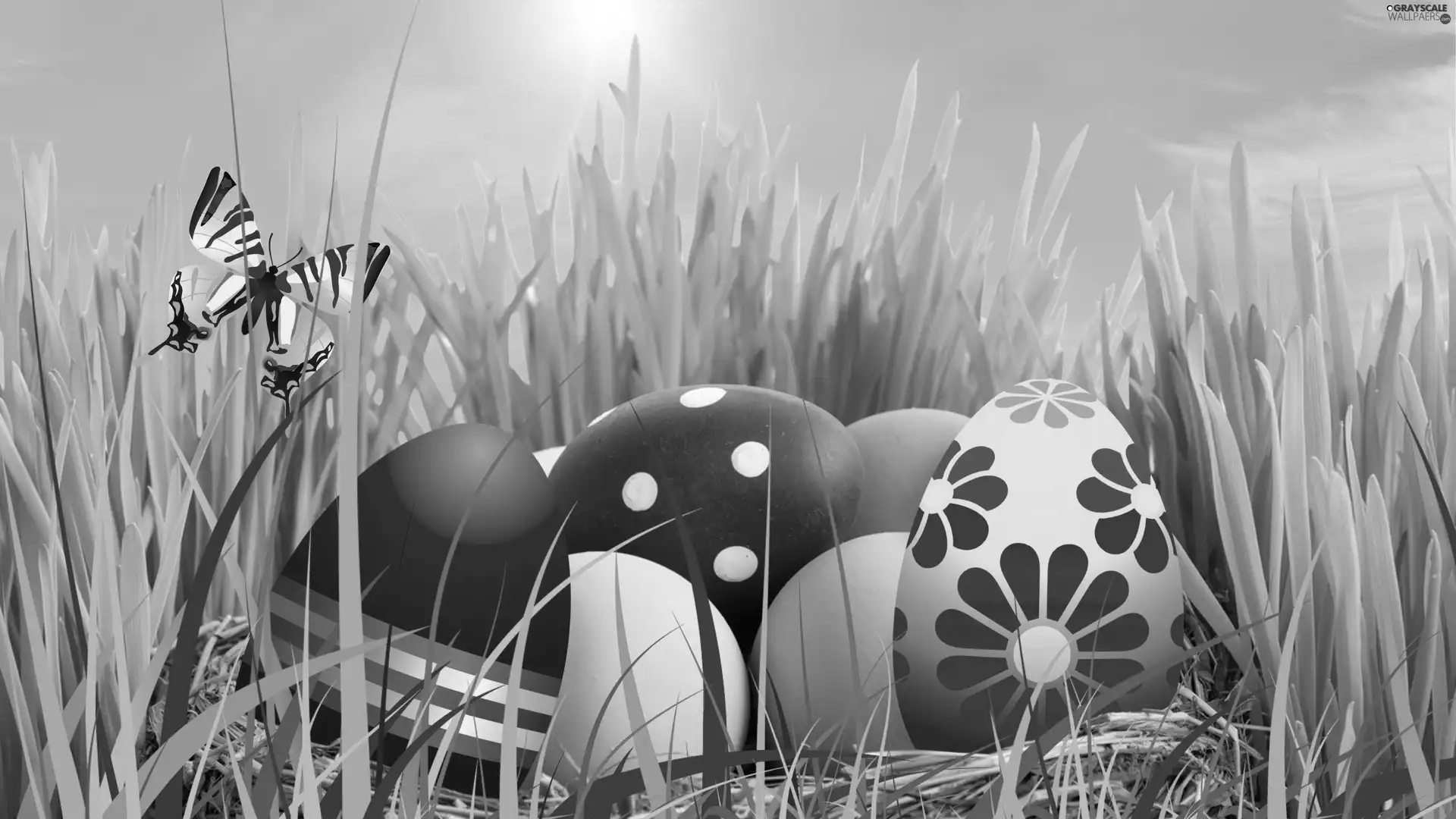 grass, butterfly, eggs, basket, Easter