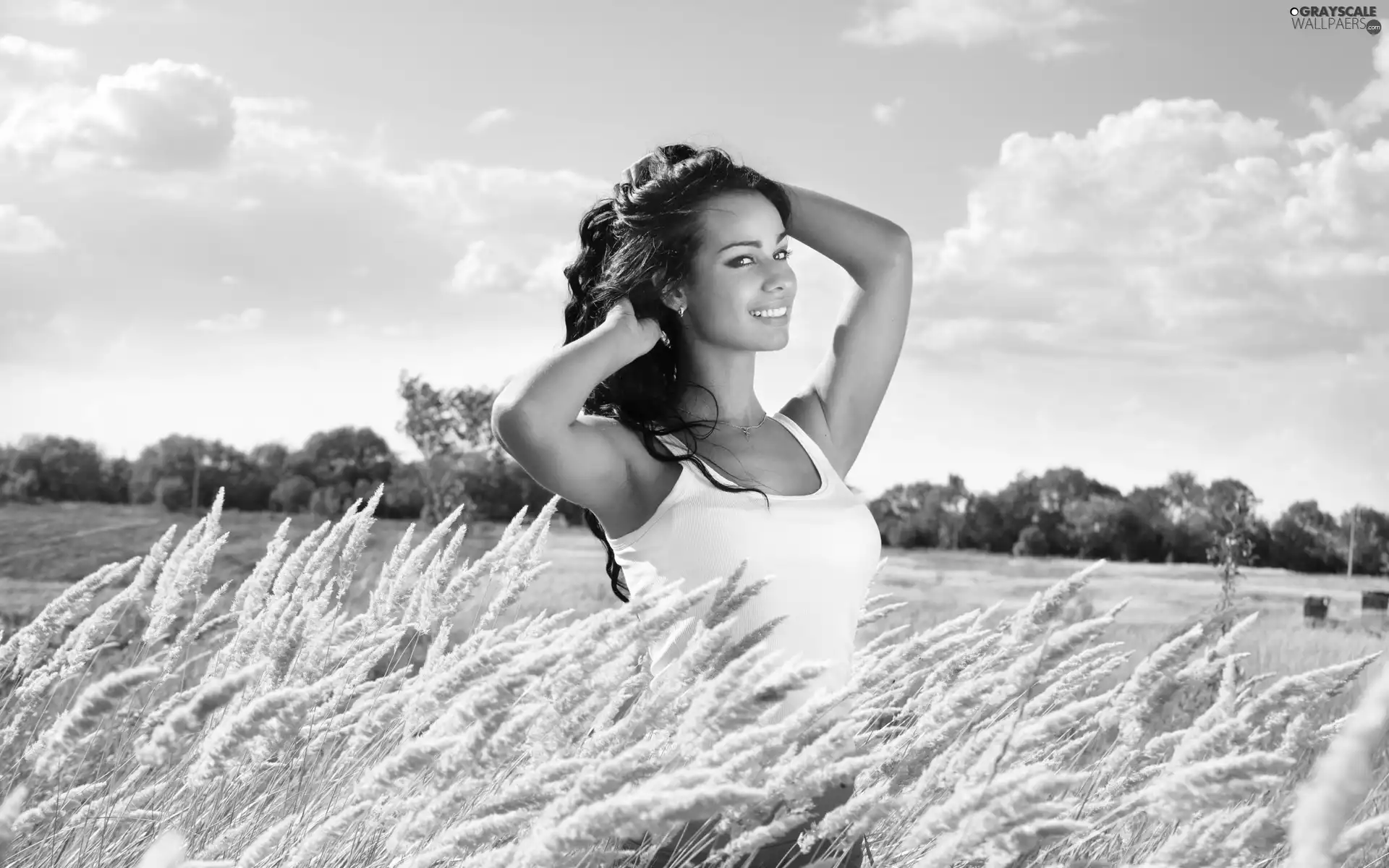 grass, clouds, joy, Meadow, brunette