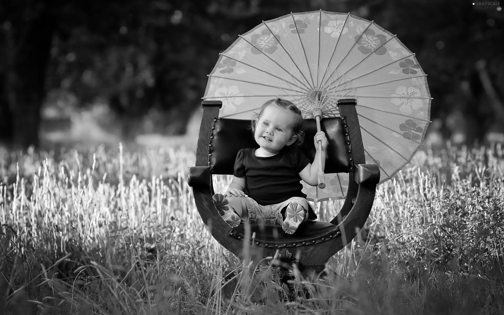 girl, Umbrella, grass, Armchair