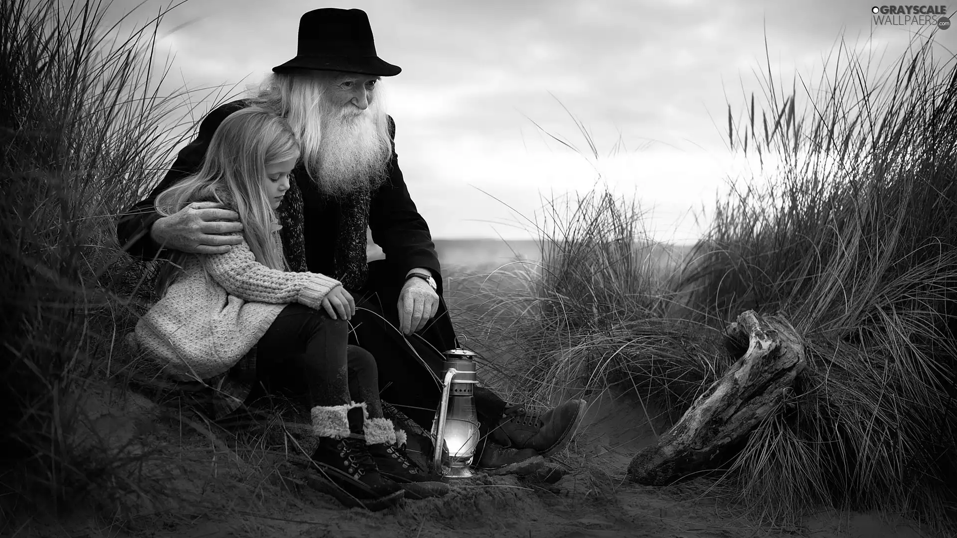 grandfather, Lamp, grass, girl