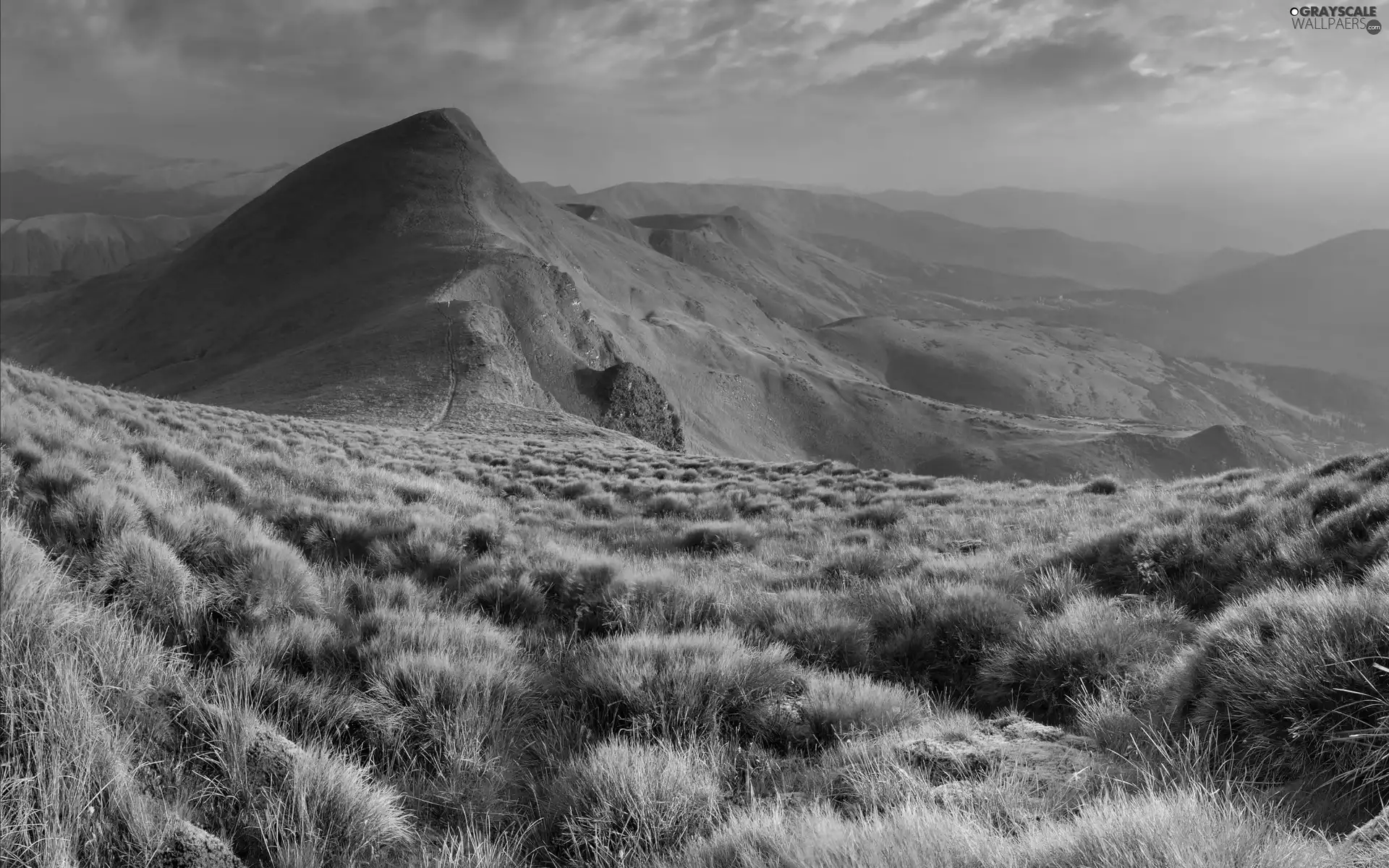 Mountains, Clumps, grass, clouds