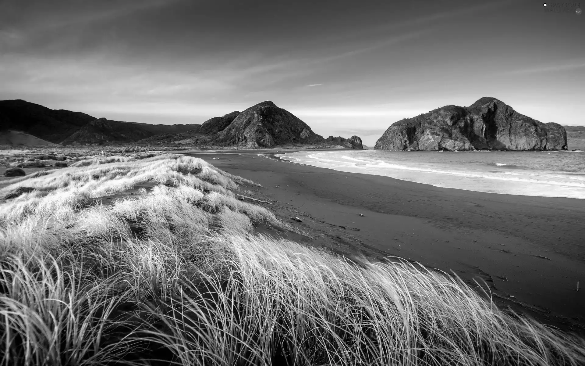 Mountains, coast, grass, sea