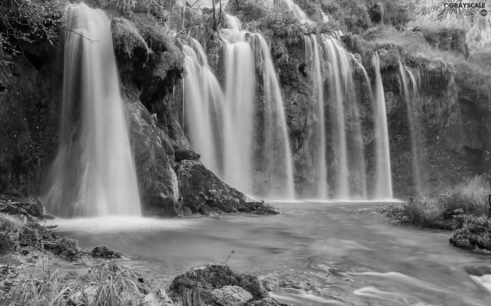 mountains, waterfall, grass, Plants, Stones, rocks