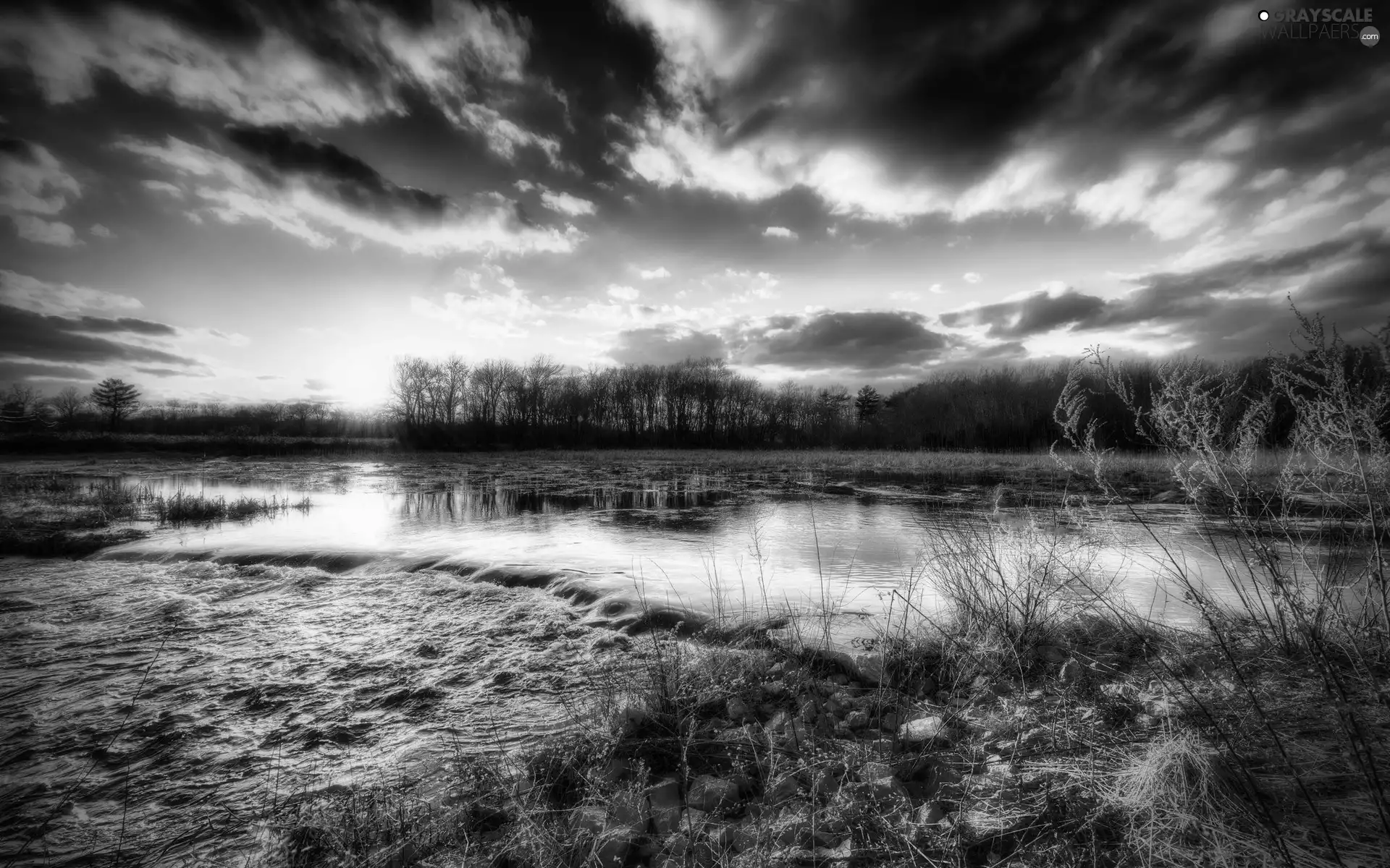 grass, clouds, River