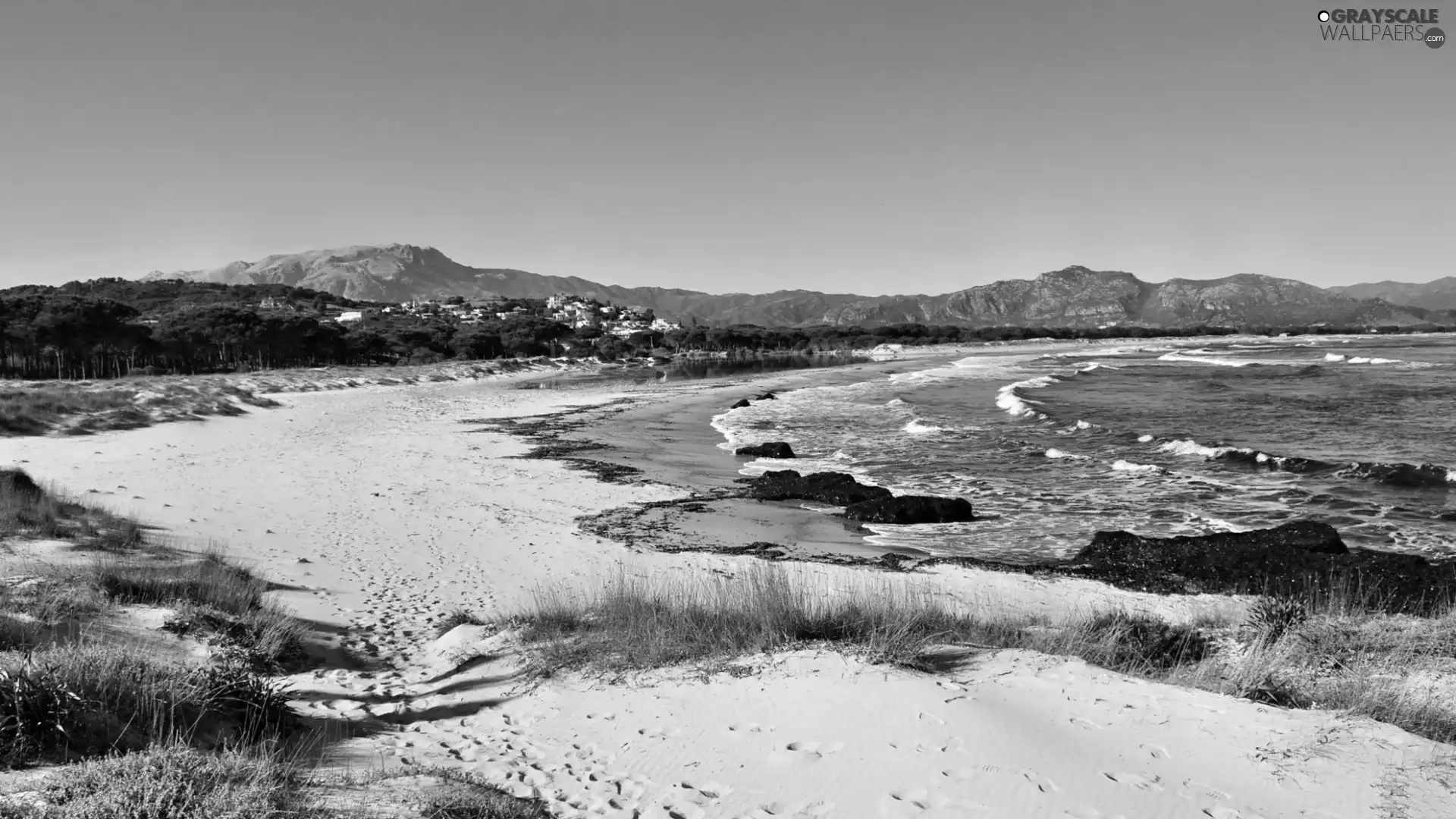 sea, Mountains, grass, Beaches