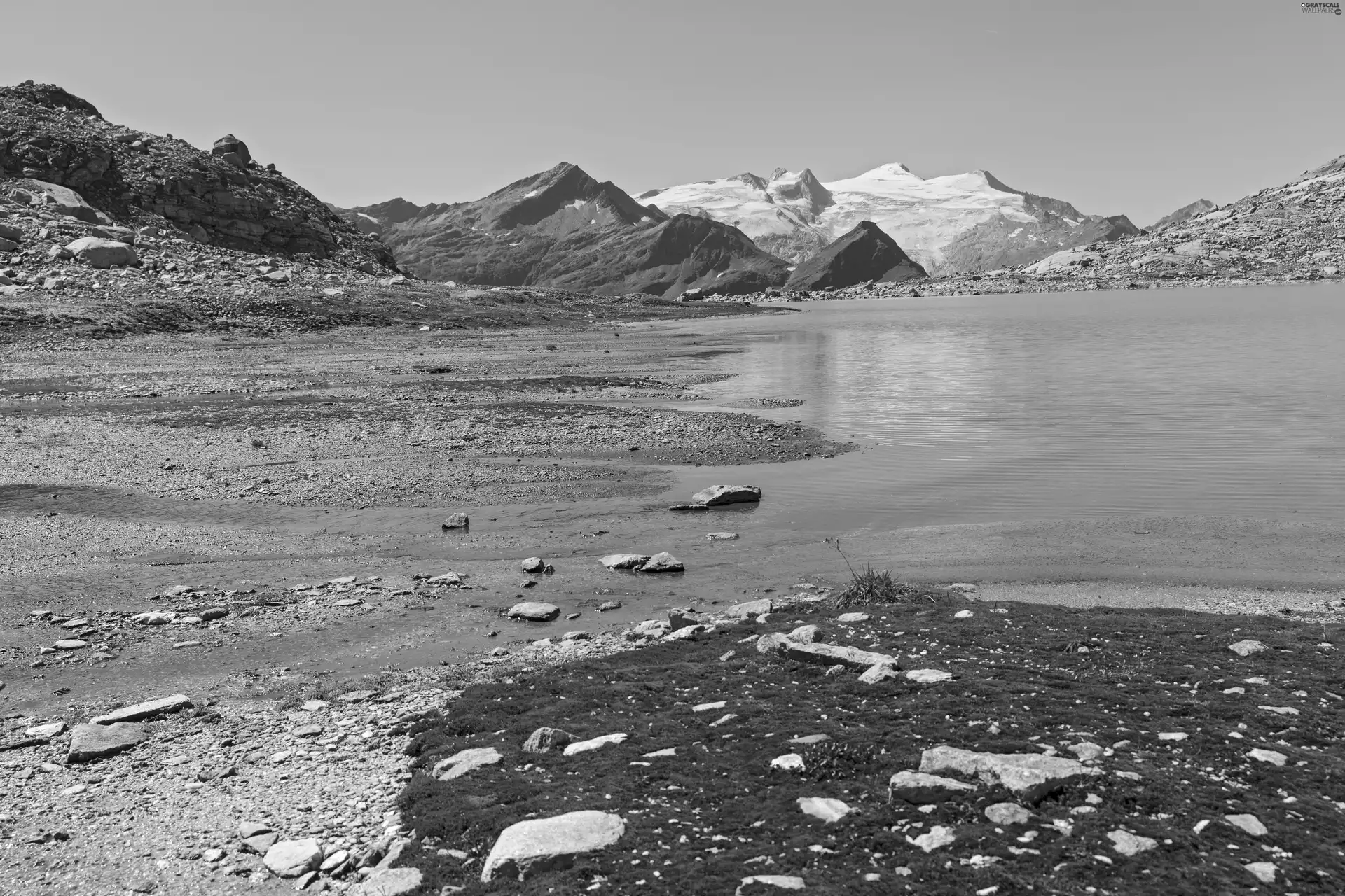 grass, Sky, lake, Stones, Mountains