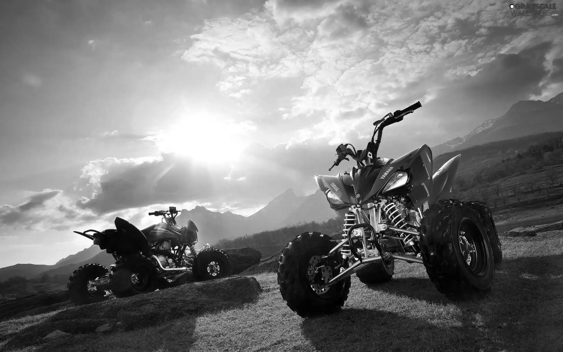 grass, Sky, Quady, boulders, Two cars