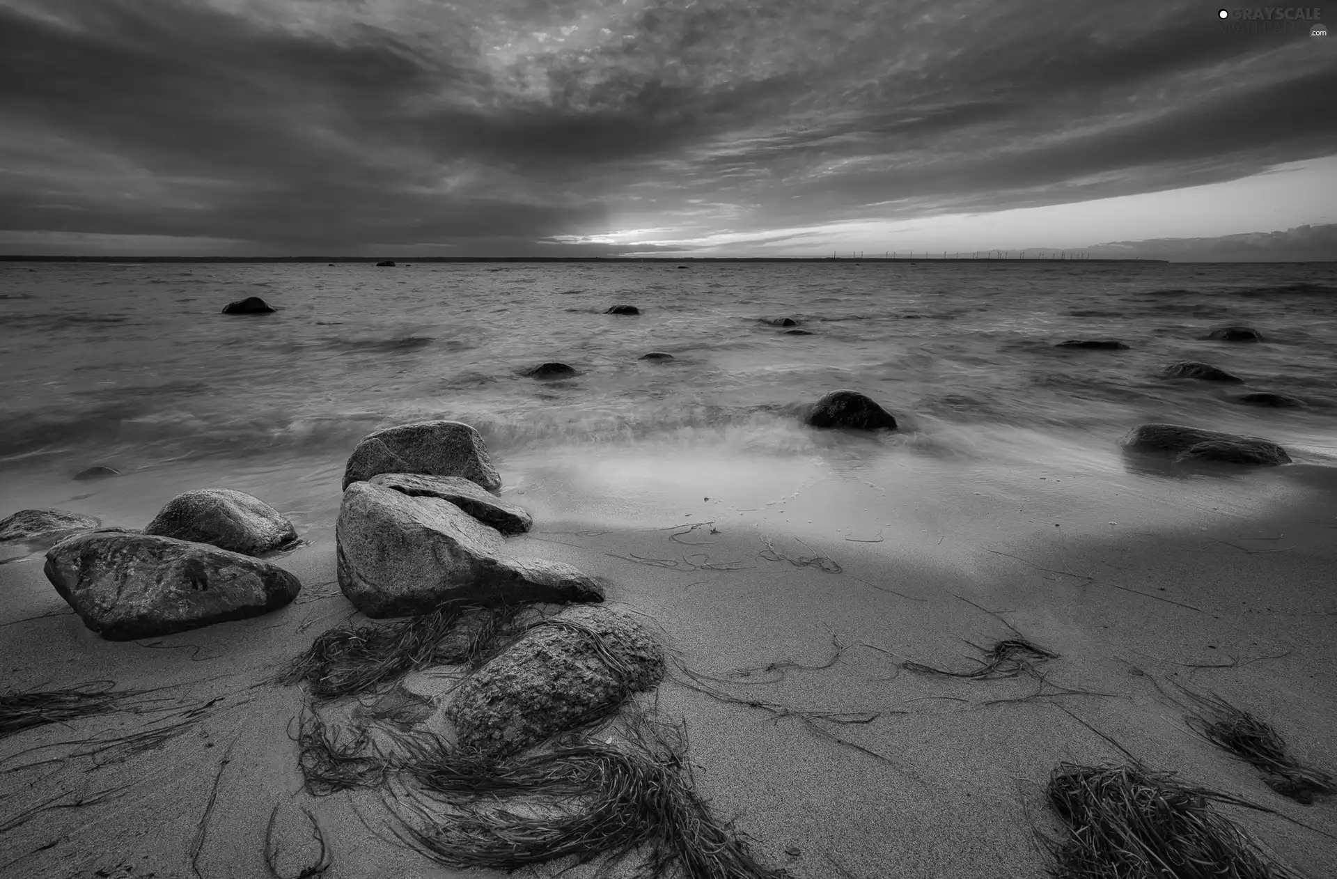 coast, Sky, Stones, Great Sunsets, sea, Sand, grass
