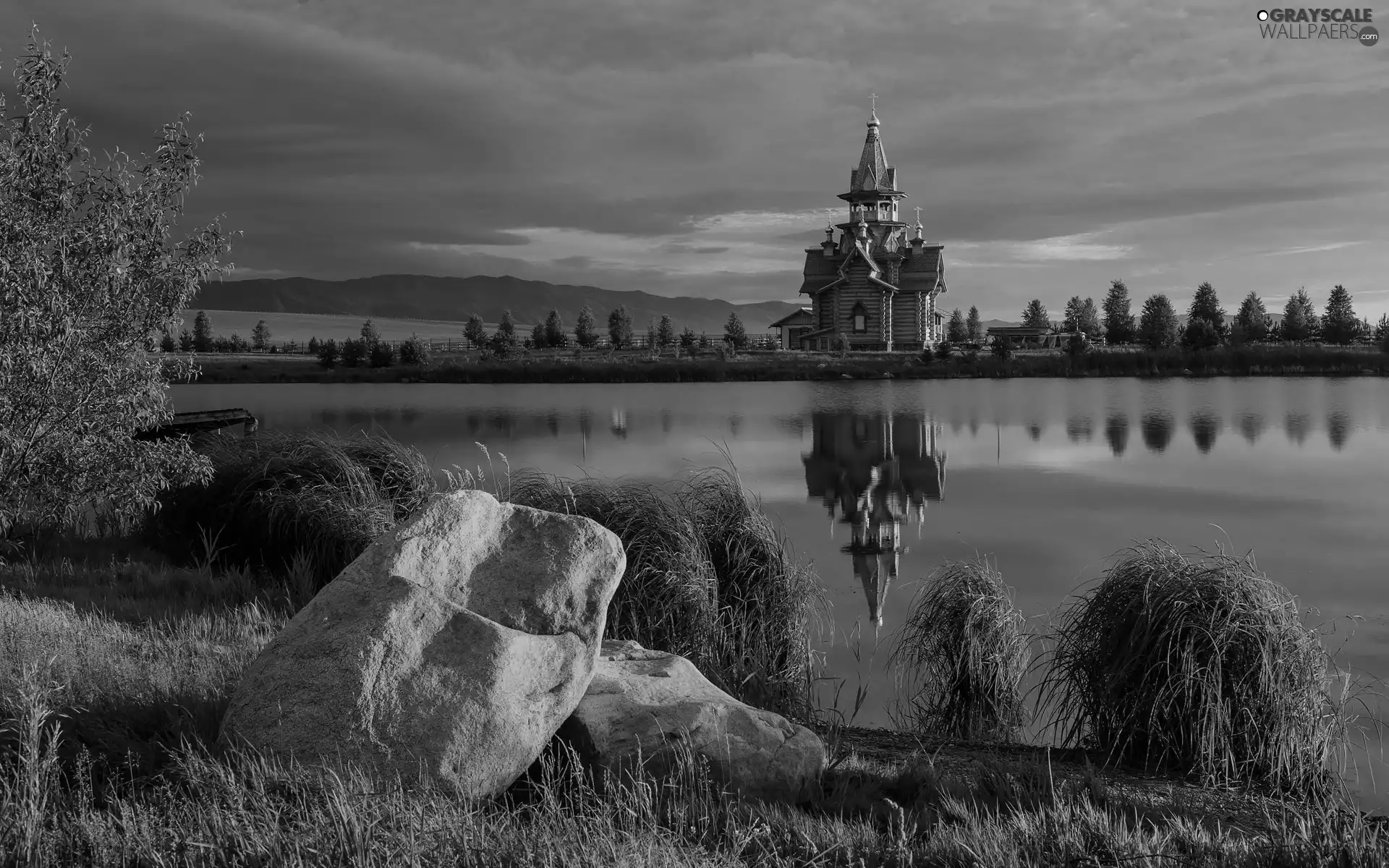 lake, Great Sunsets, grass, Stones, reflection, Cerkiew