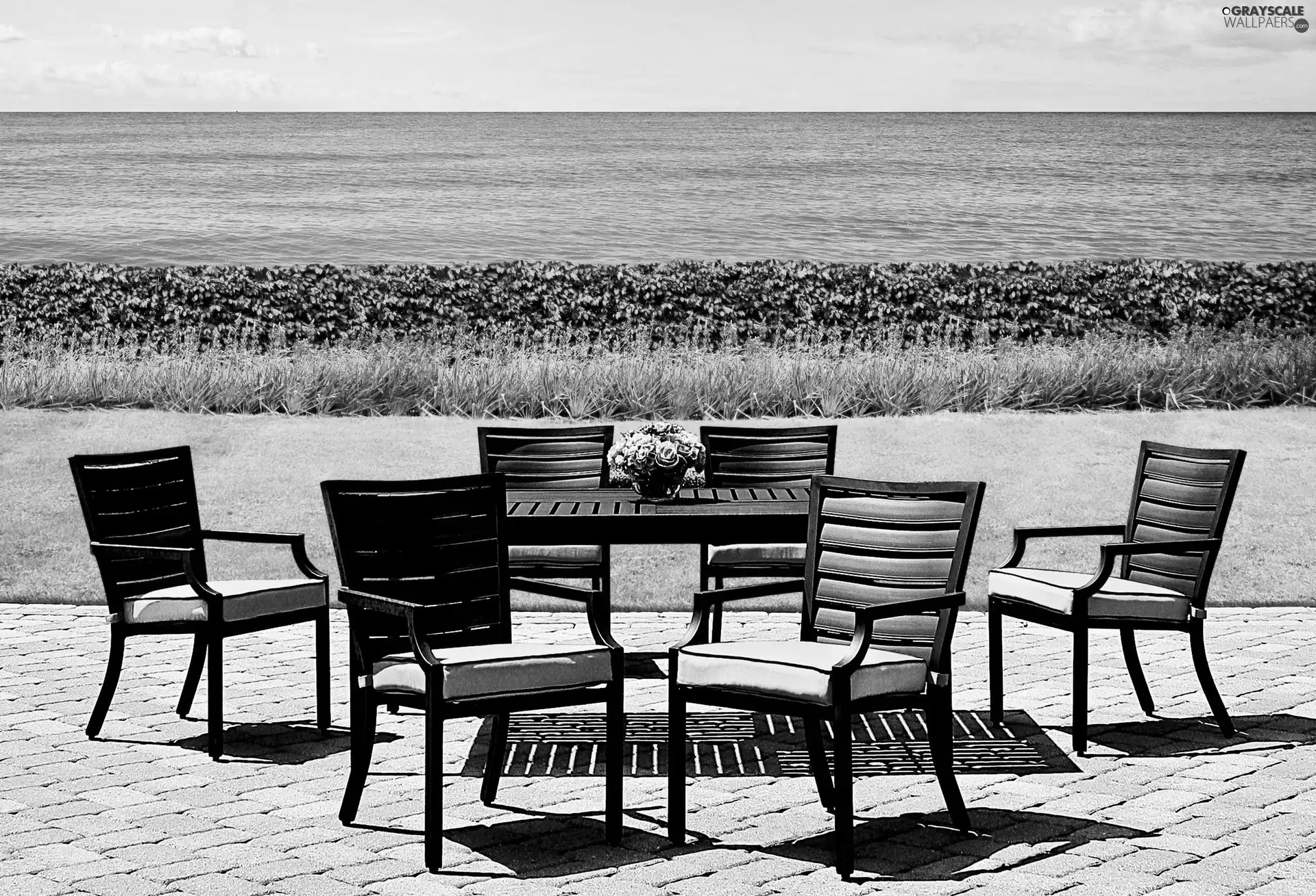 Table, sea, grass, Stool