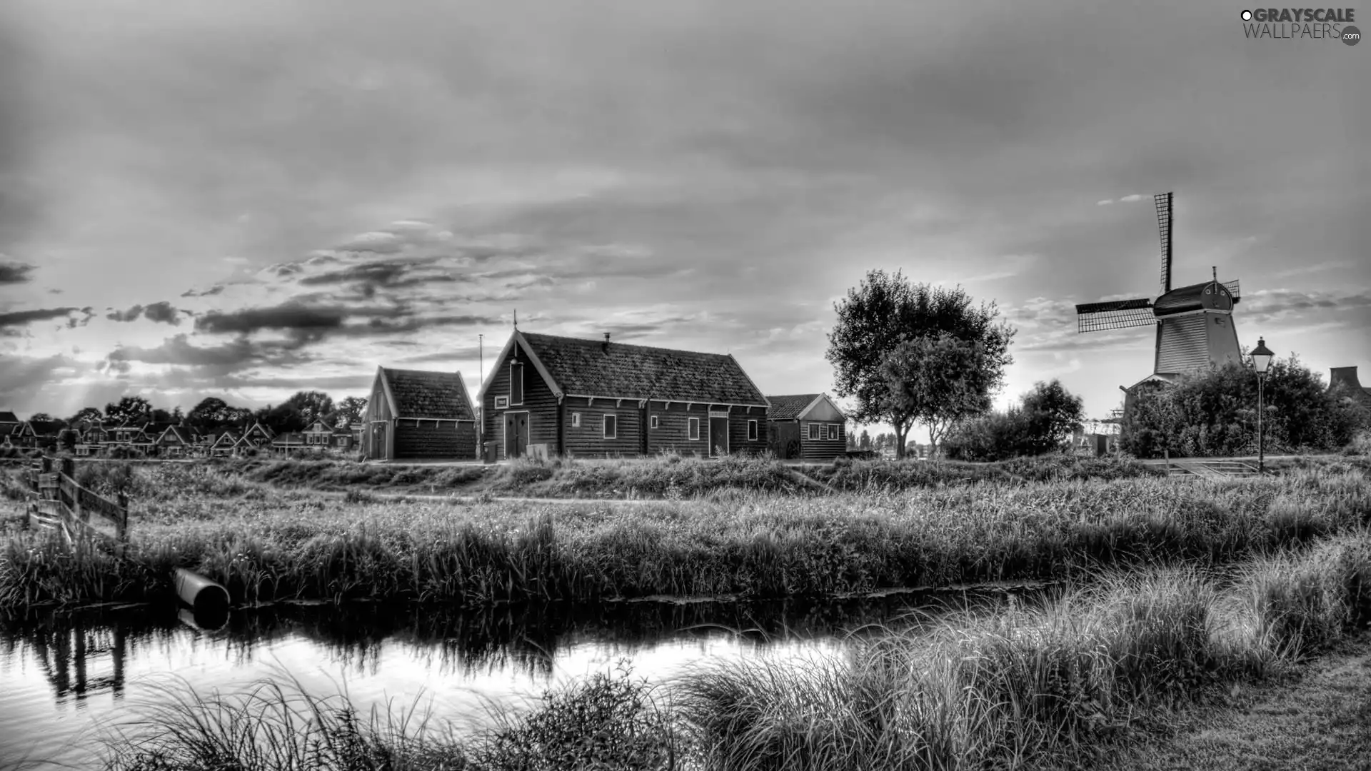 Windmill, brook, grass, Houses