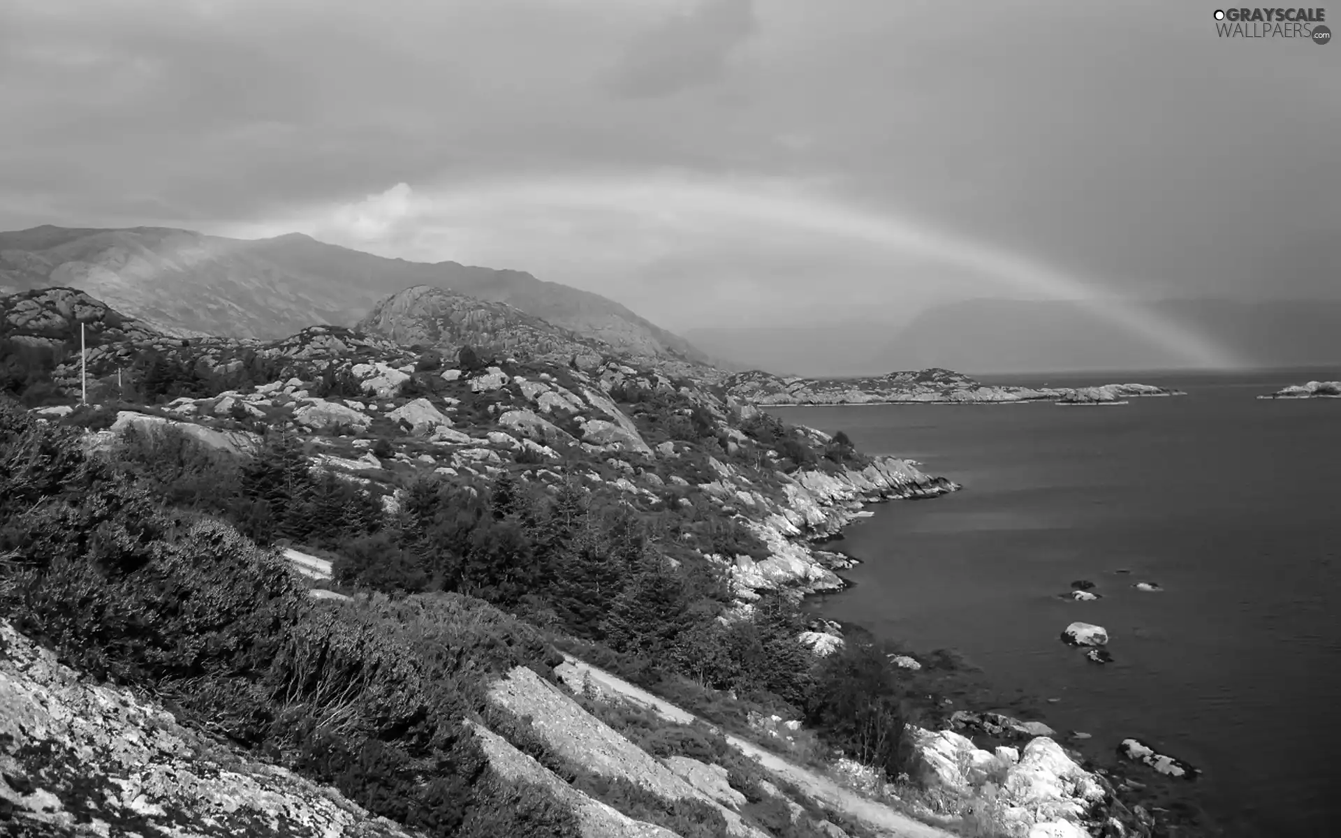 Coast, rocks, Great Rainbows, Mountains