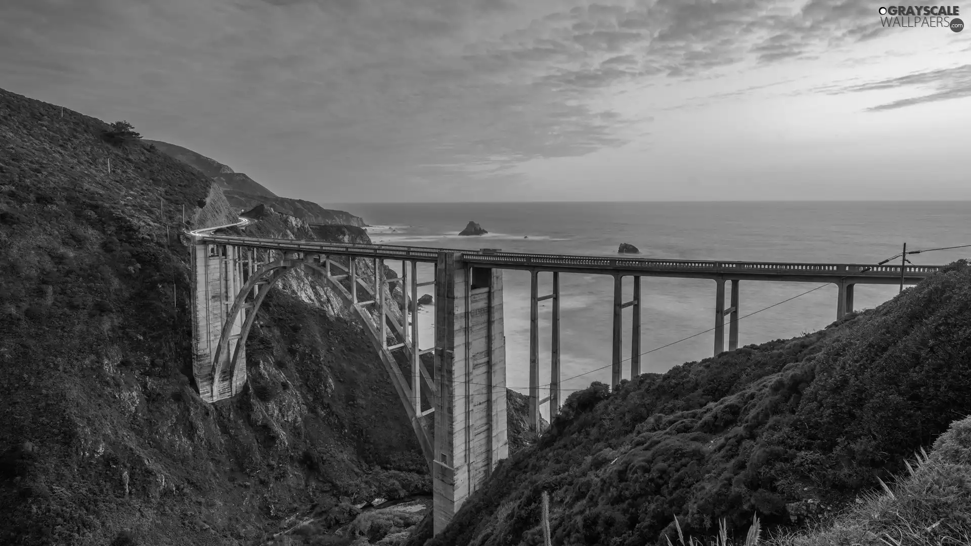 Coast, Big Sur Region, The United States, Great Sunsets, California, Bixby Creek Bridge, sea, clouds