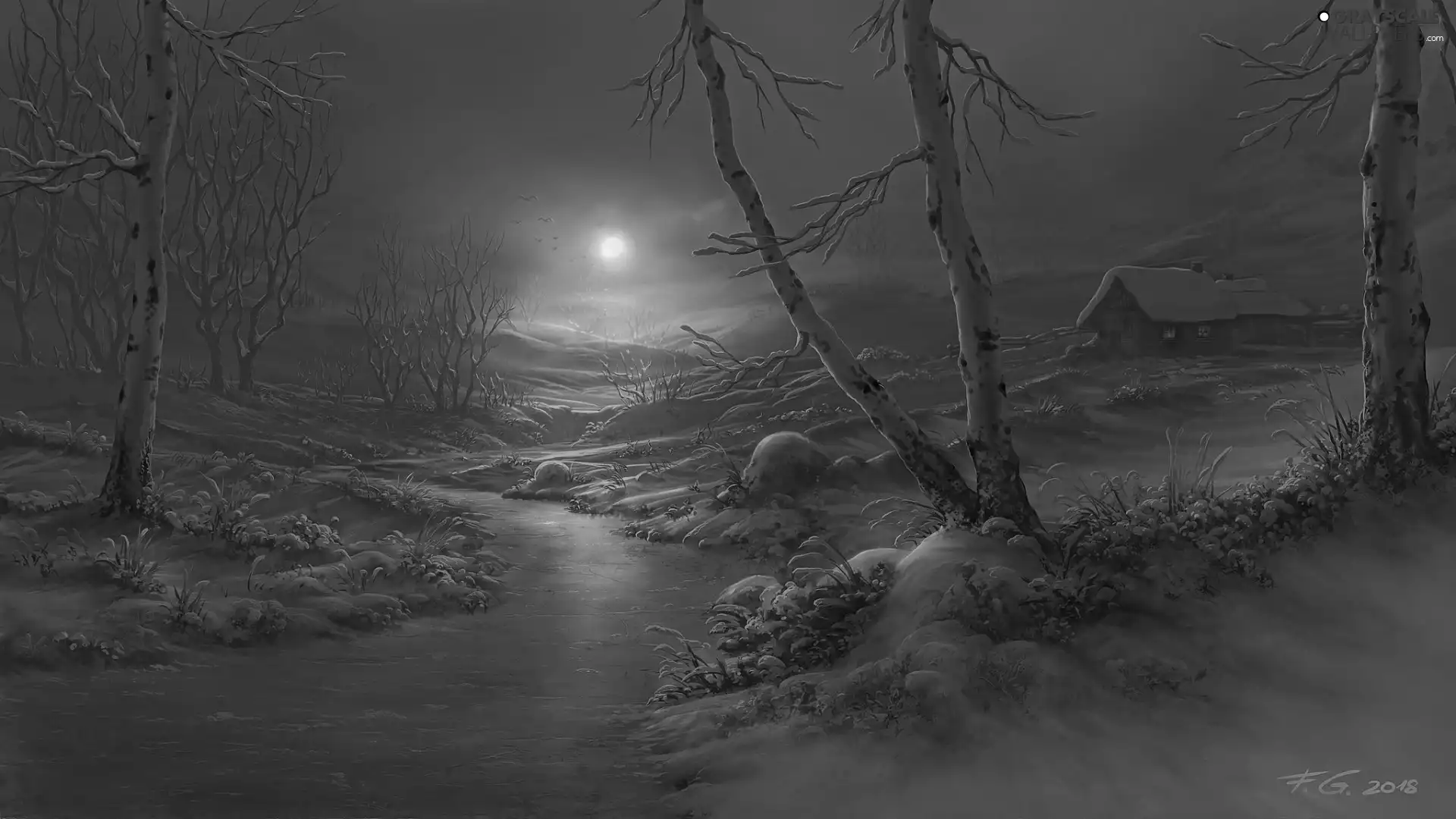 Great Sunsets, River, graphics, trees, house, evening, winter, viewes